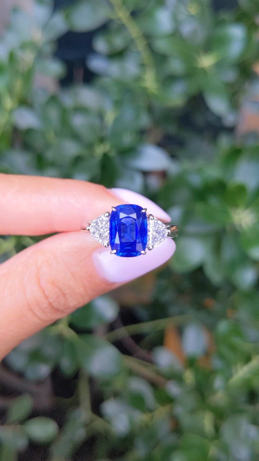 3.34 Ct. Blue Sapphire and Natural Diamond Three Stone Ring, Platinum 950 Size Video