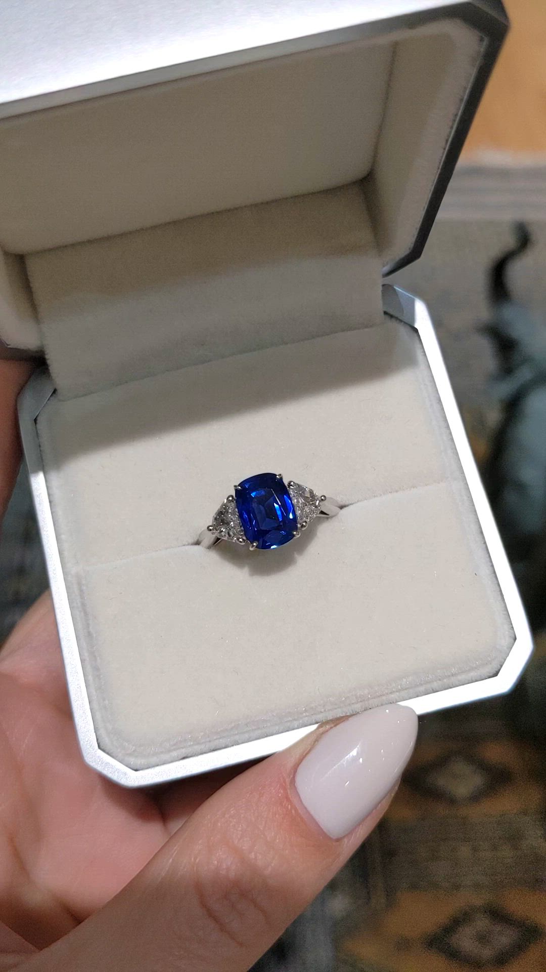 3.34 Ct. Blue Sapphire and Natural Diamond Three Stone Ring, Platinum 950 Size Video