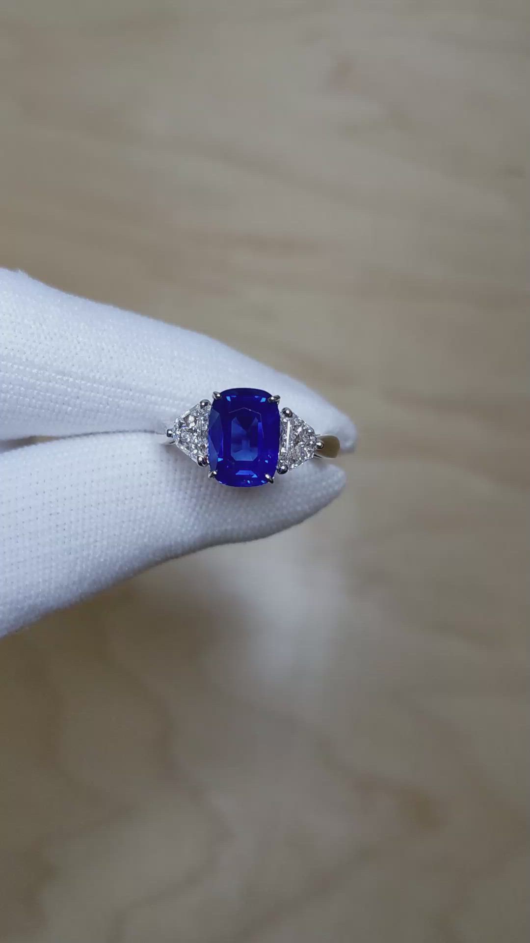 3.34 Ct. Blue Sapphire and Natural Diamond Three Stone Ring, Platinum 950 Size Video