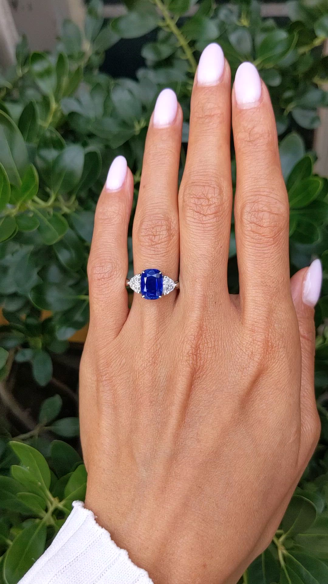 3.34 Ct. Blue Sapphire and Natural Diamond Three Stone Ring, Platinum 950 Size Video