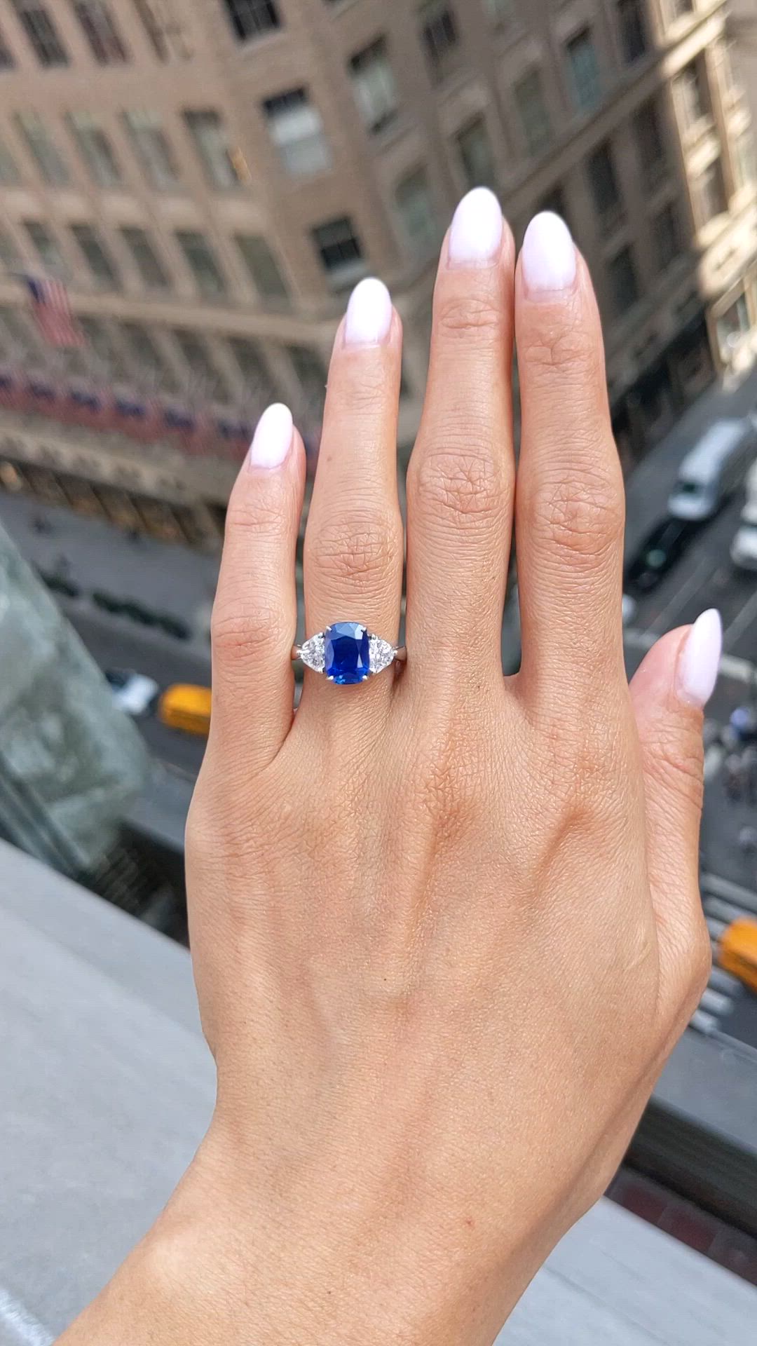 3.34 Ct. Blue Sapphire and Natural Diamond Three Stone Ring, Platinum 950 Size Video