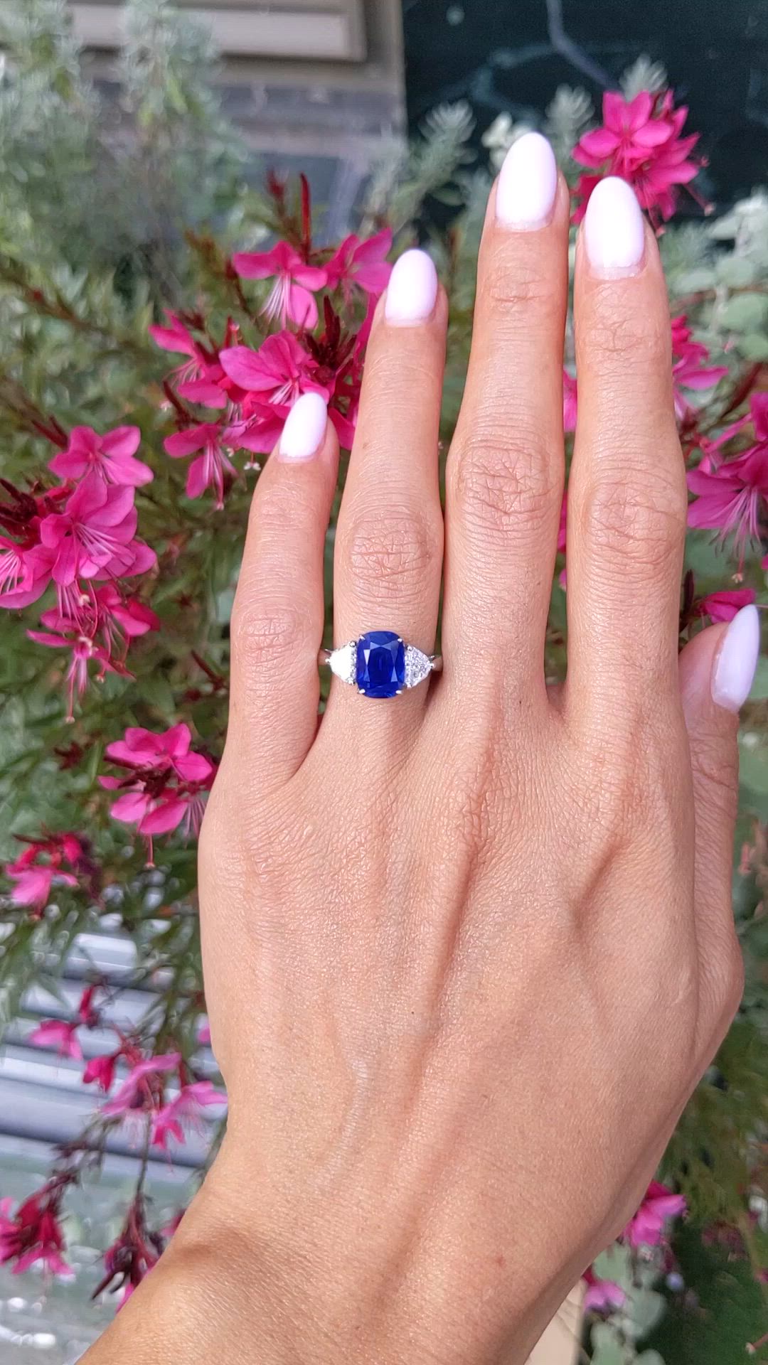 3.34 Ct. Blue Sapphire and Natural Diamond Three Stone Ring, Platinum 950 Size Video