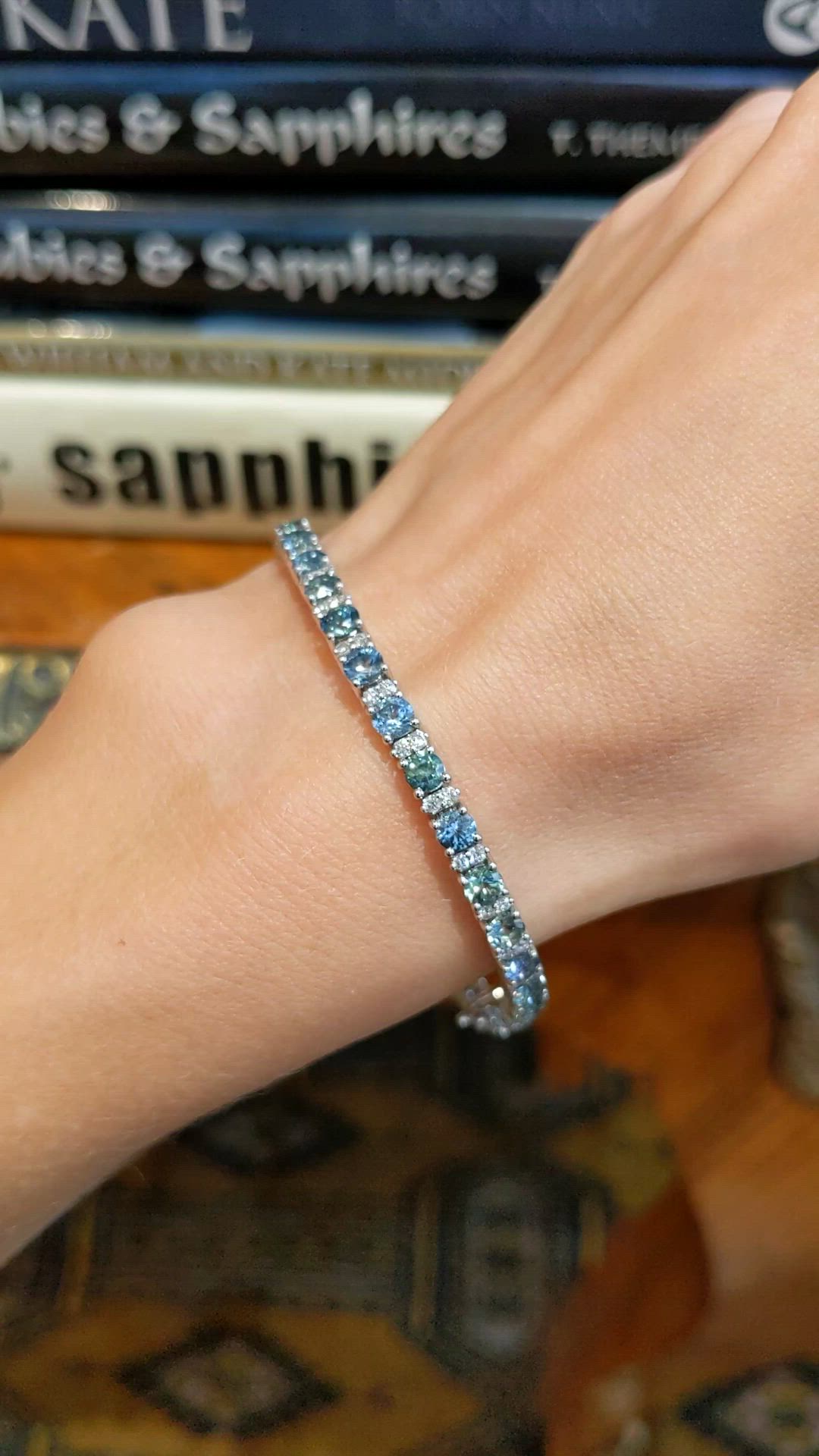 7.19 Ct.Tw. Bluish Green Sapphire and Natural Diamond Tennis/Line Bracelet, 14K White Gold Size Video