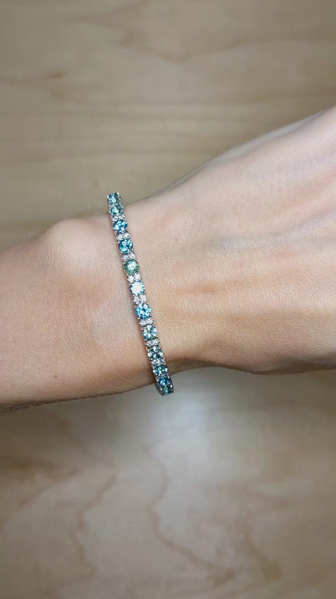 7.19 Ct.Tw. Bluish Green Sapphire and Natural Diamond Tennis/Line Bracelet, 14K White Gold Size Video