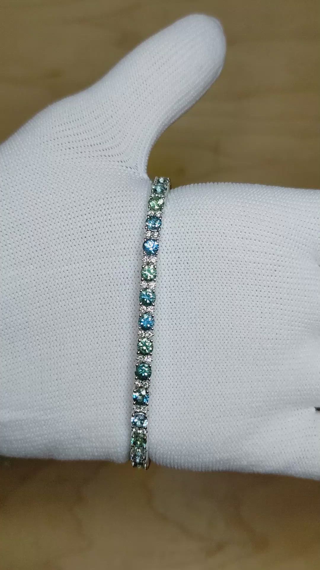7.19 Ct.Tw. Bluish Green Sapphire and Natural Diamond Tennis/Line Bracelet, 14K White Gold Size Video