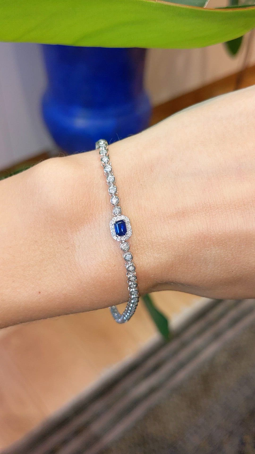 0.34 Ct.Tw.Total Carat Weight Sapphire Natural Diamond Halo Bracelet, 14K White Gold Size Video