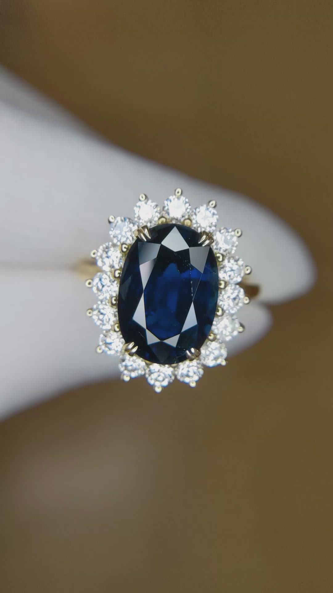 5.64 Ct. Blue Sapphire and Natural Diamond Halo Ring, 14K Yellow Gold Size Video