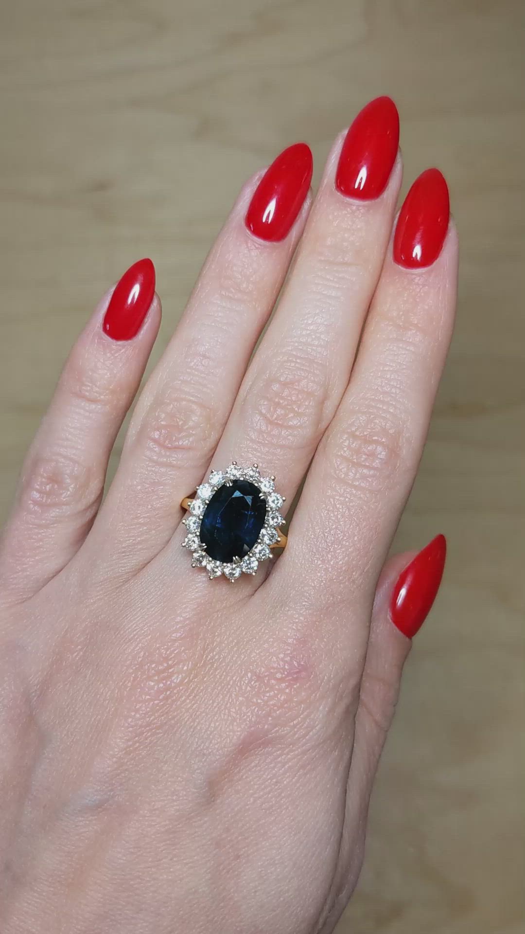 5.64 Ct. Blue Sapphire and Natural Diamond Halo Ring, 14K Yellow Gold Size Video