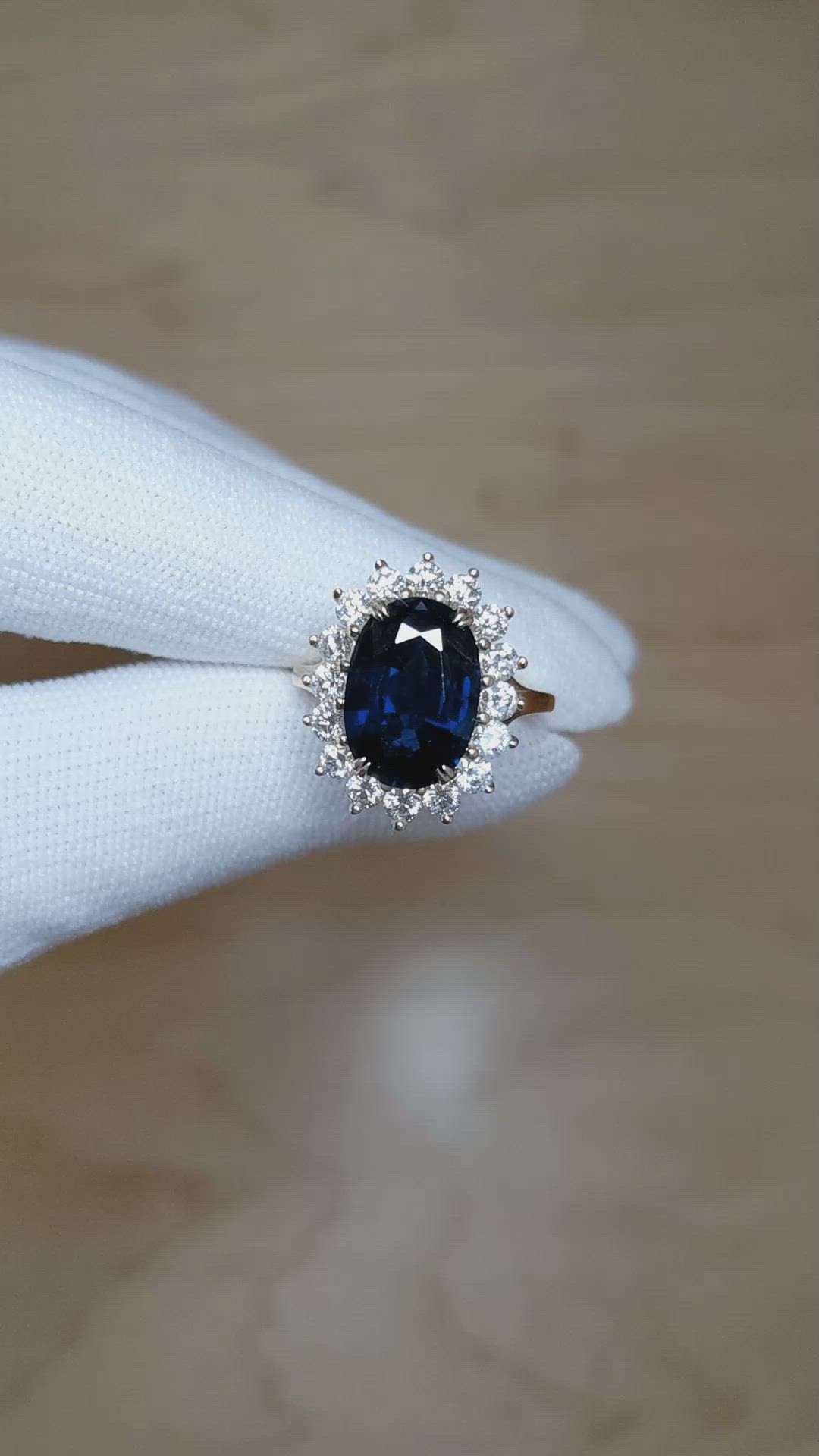 5.64 Ct. Blue Sapphire and Natural Diamond Halo Ring, 14K Yellow Gold Size Video