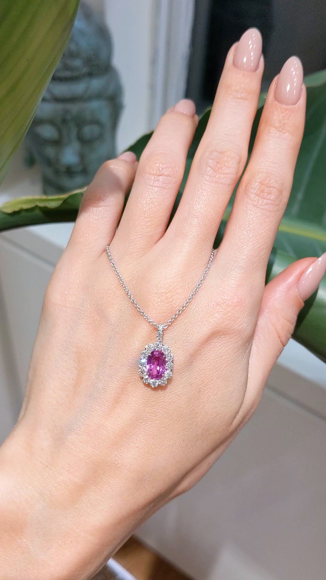 2.18 Ct. Pink Sapphire and Natural Diamond Halo Pendant, 18K White Gold Size Video