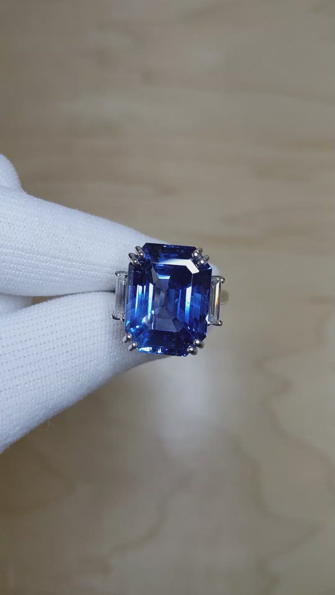 20.52 Ct. Blue Sapphire and Natural Diamond Three Stone Ring, Platinum 950 Size Video