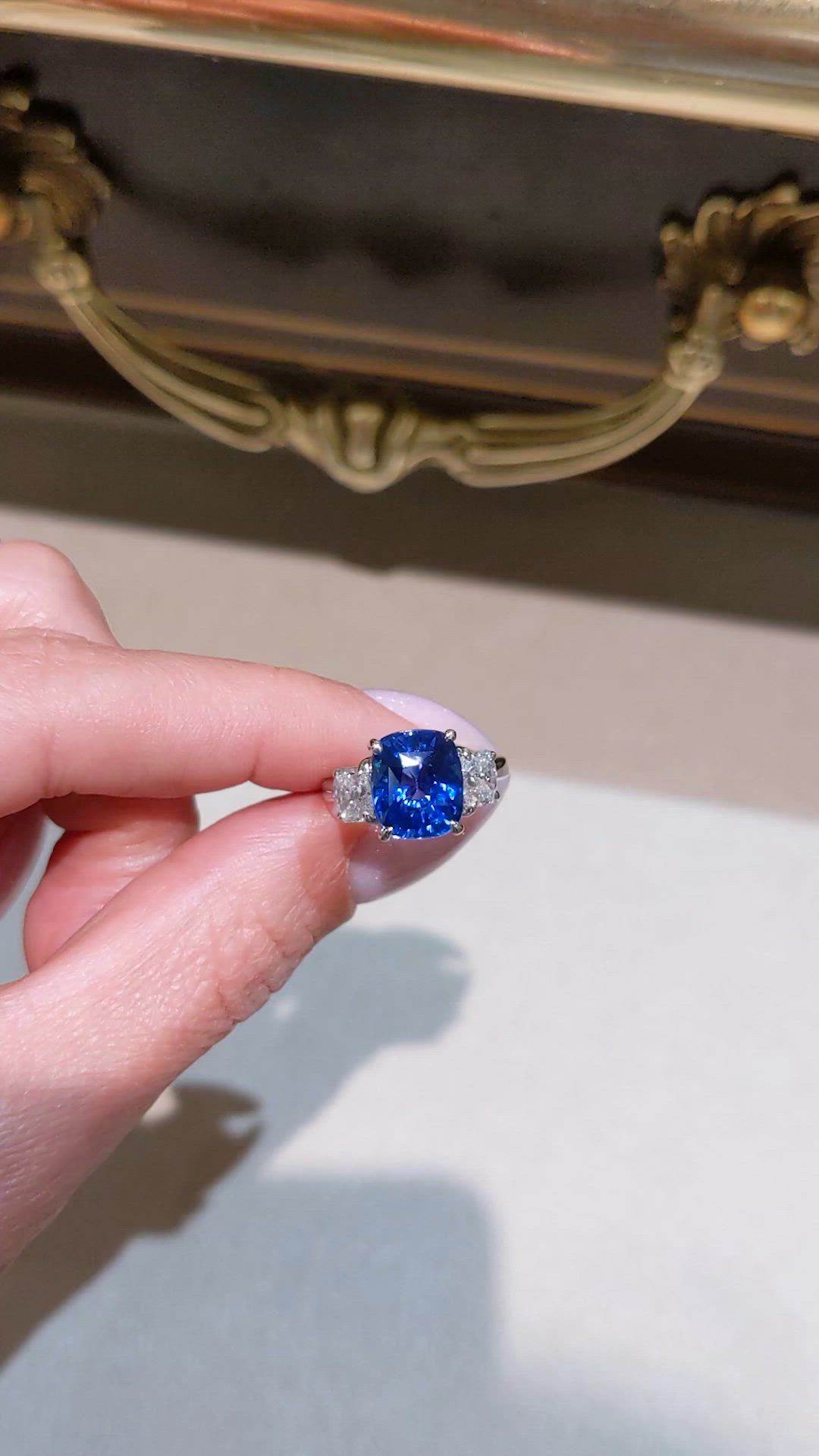 4.09 Ct. Blue Sapphire and Natural Diamond Three Stone Ring, Platinum 950 Size Video