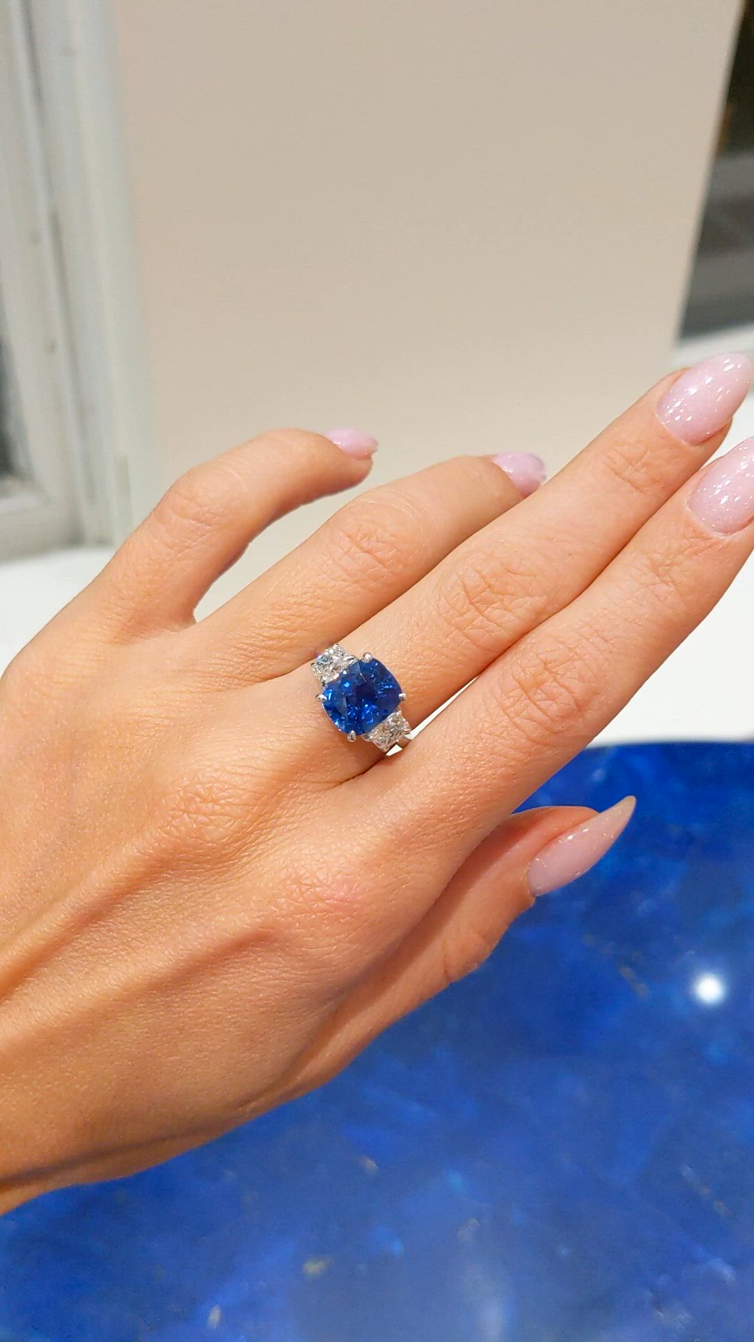 4.09 Ct. Blue Sapphire and Natural Diamond Three Stone Ring, Platinum 950 Size Video