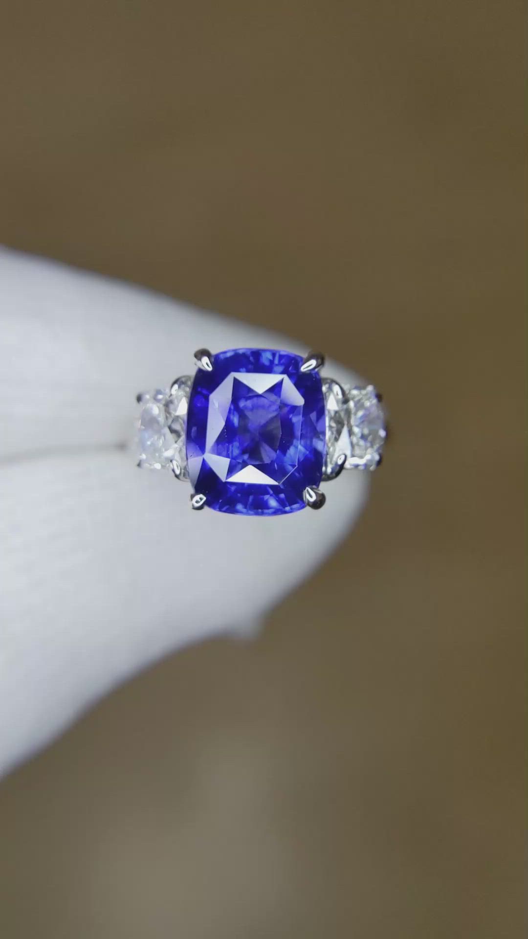 4.09 Ct. Blue Sapphire and Natural Diamond Three Stone Ring, Platinum 950 Size Video