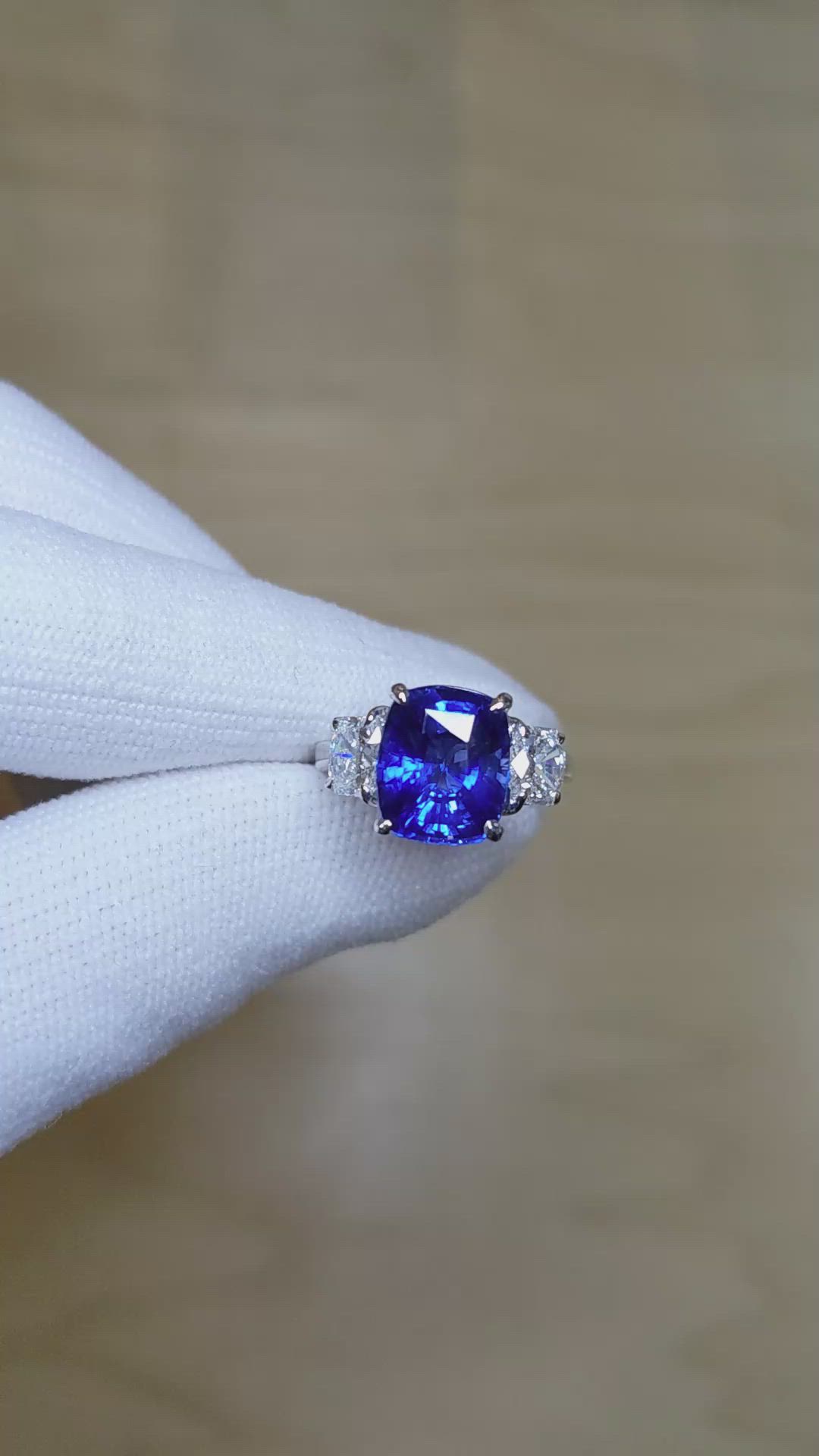 4.09 Ct. Blue Sapphire and Natural Diamond Three Stone Ring, Platinum 950 Size Video