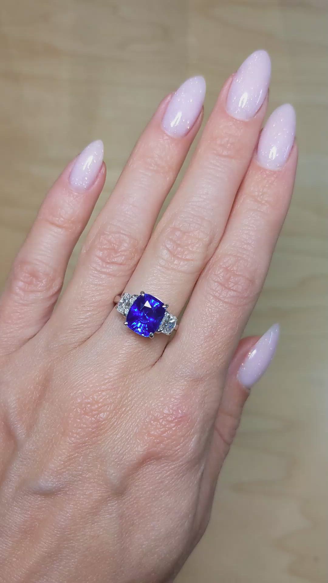 4.09 Ct. Blue Sapphire and Natural Diamond Three Stone Ring, Platinum 950 Size Video