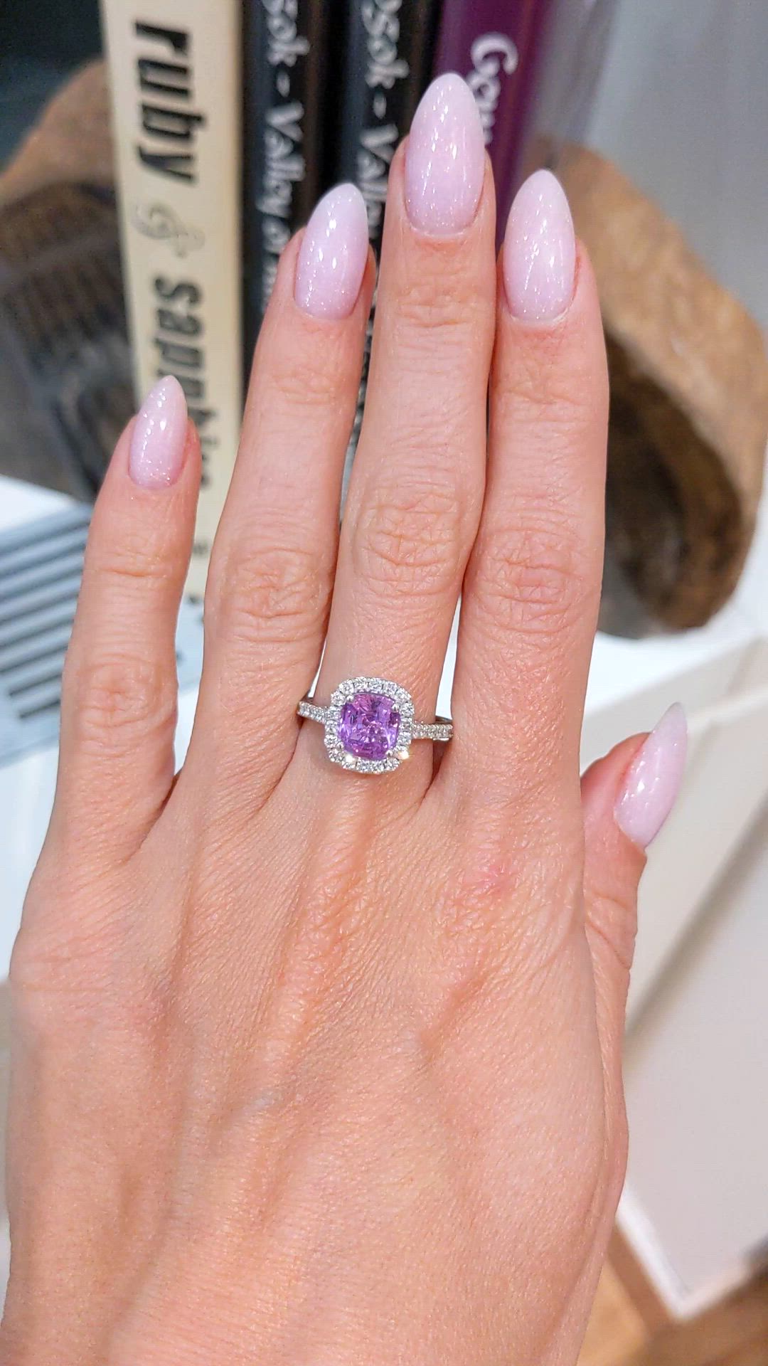 1.11 Ct. Pink Sapphire and Natural Diamond Pave Ring, 18K White Gold Size Video