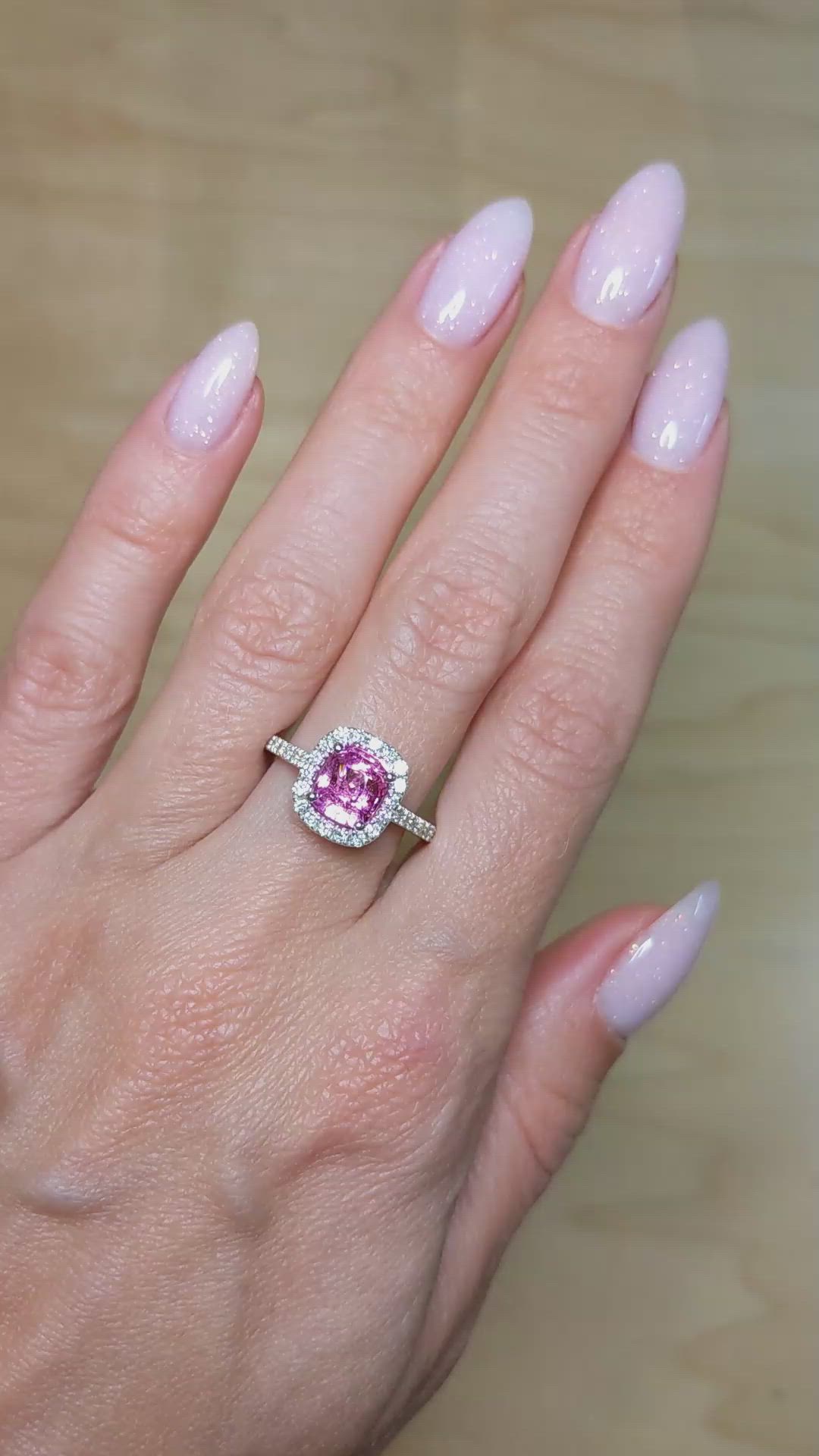 1.11 Ct. Pink Sapphire and Natural Diamond Pave Ring, 18K White Gold Size Video