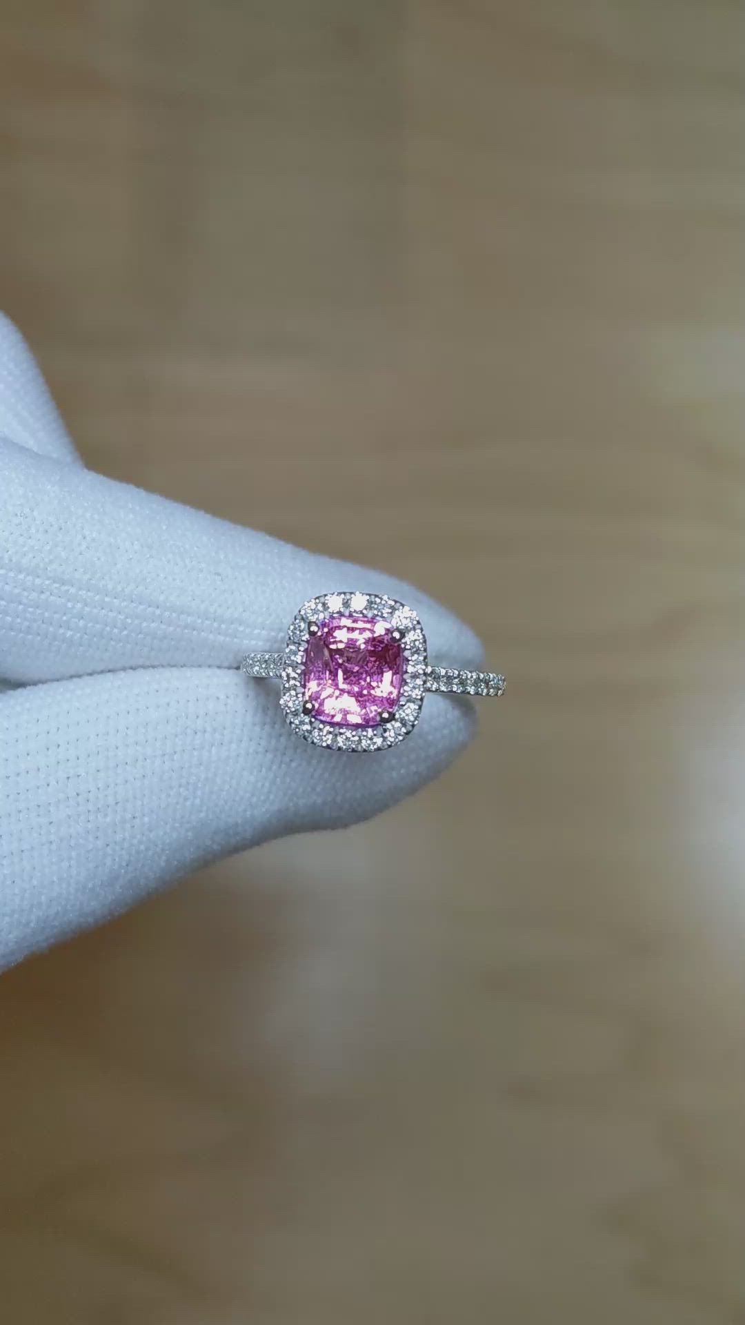 1.11 Ct. Pink Sapphire and Natural Diamond Pave Ring, 18K White Gold Size Video