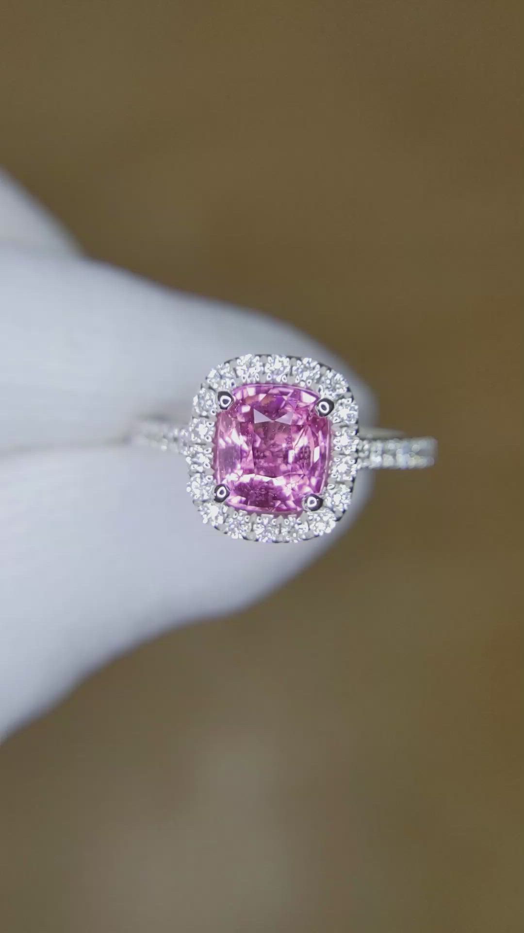 1.11 Ct. Pink Sapphire and Natural Diamond Pave Ring, 18K White Gold Size Video
