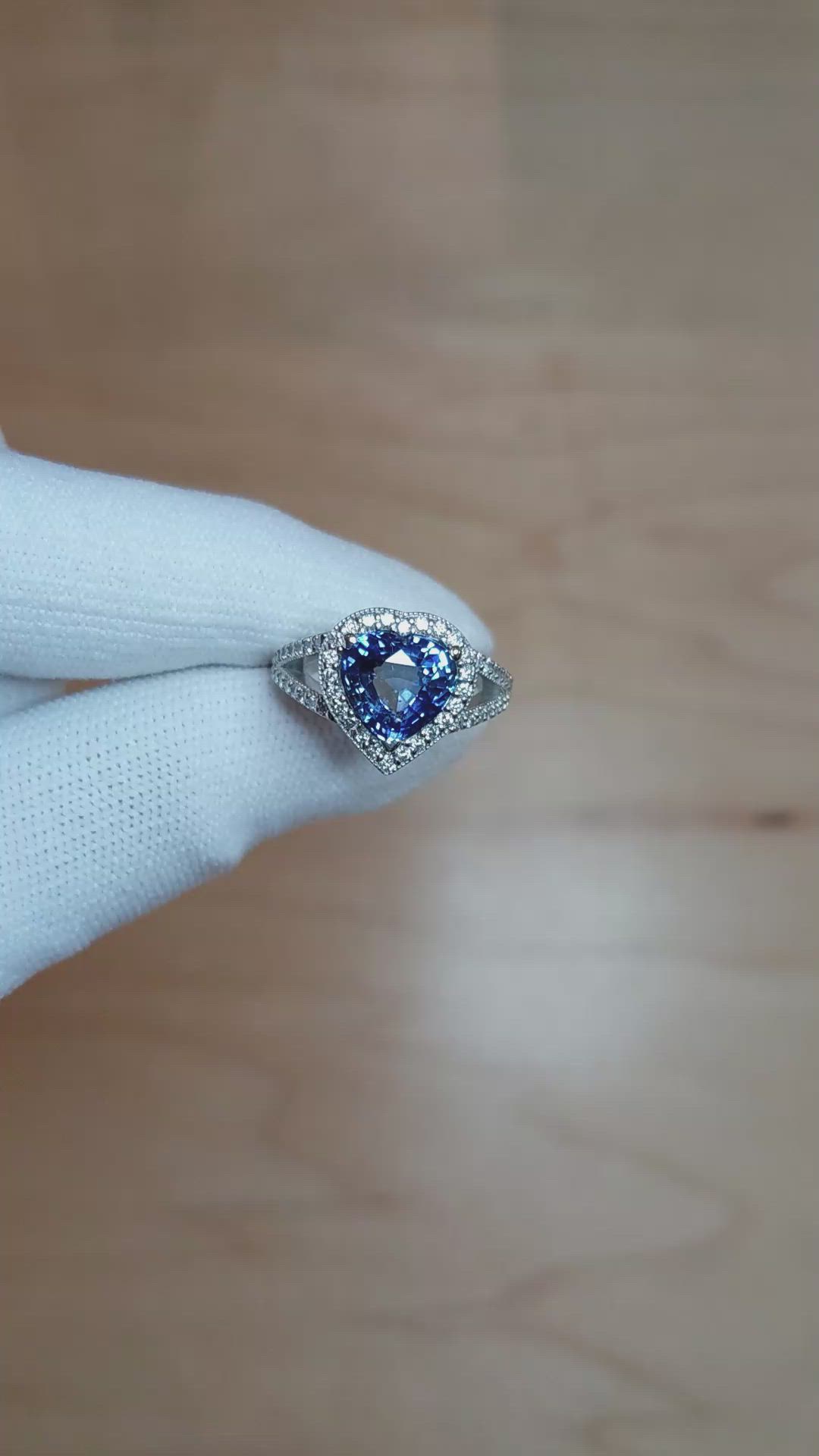 3.60 Ct. Blue Sapphire and Natural Diamond Pave Ring, Platinum 950 Size Video
