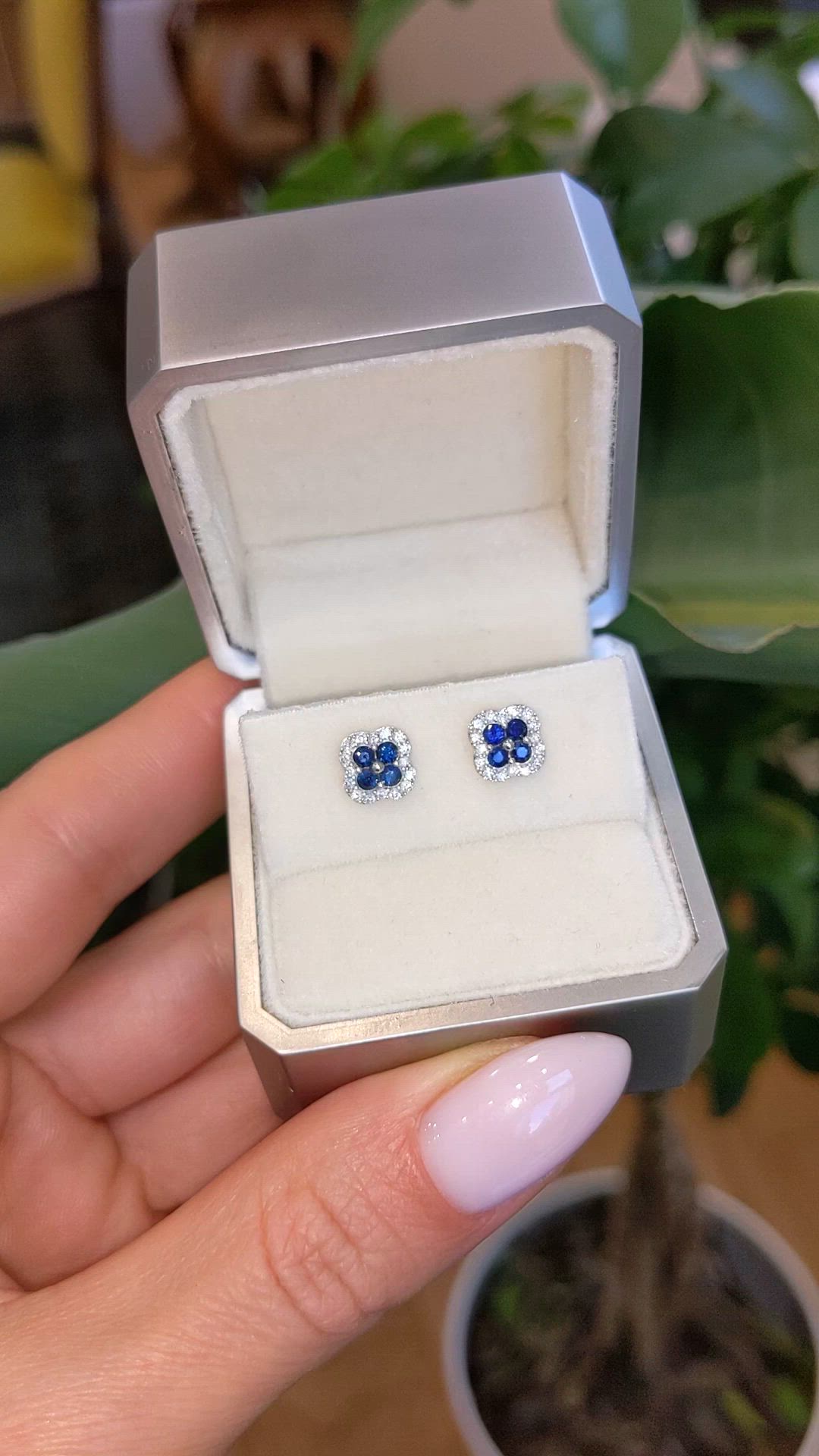 0.36 Ct.Tw. Blue Sapphire and Natural Diamond Halo Earrings, 14K White Gold Size Video