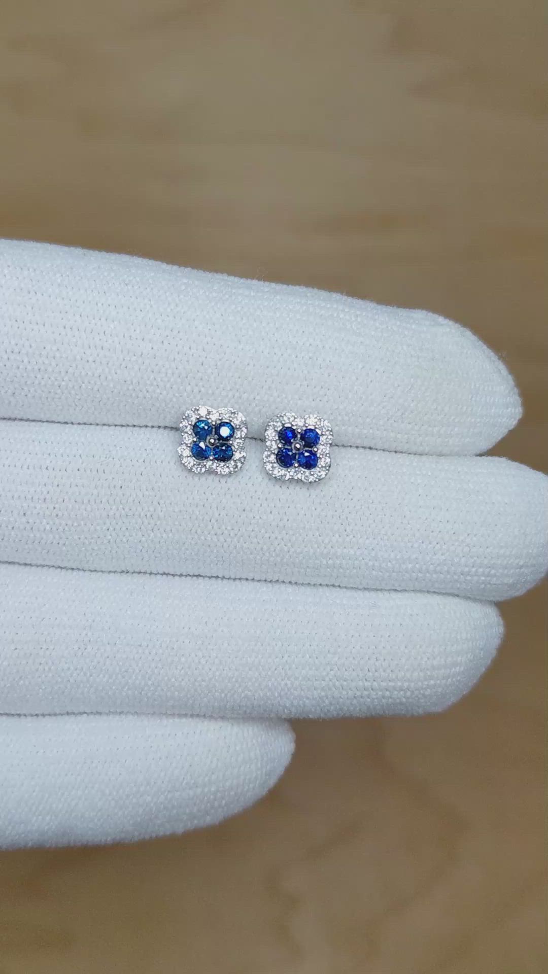 0.36 Ct.Tw. Blue Sapphire and Natural Diamond Halo Earrings, 14K White Gold Size Video