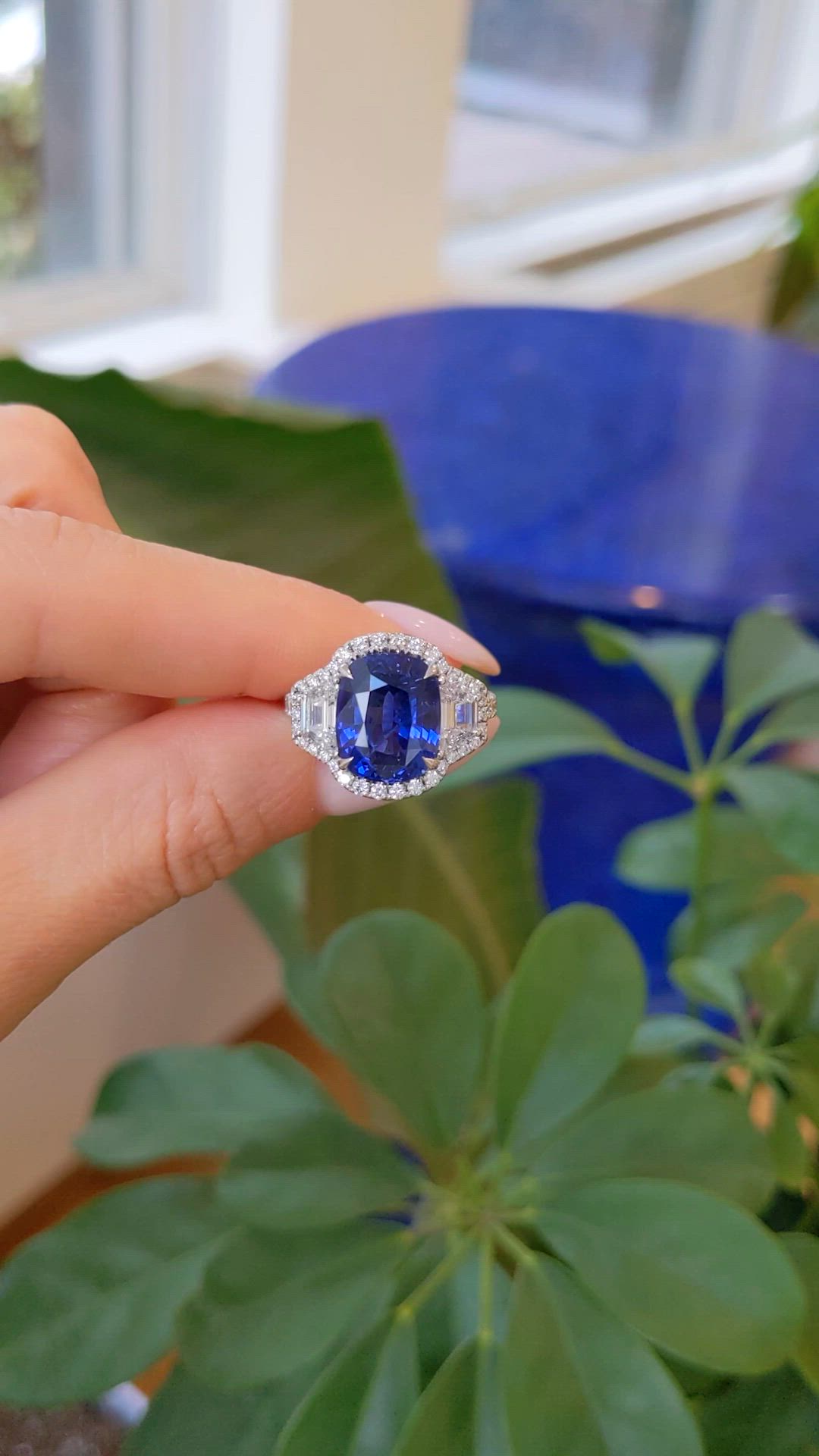 7.05 Ct. Blue Sapphire and Natural Diamond Antique Style Ring, 18K White Gold Size Video