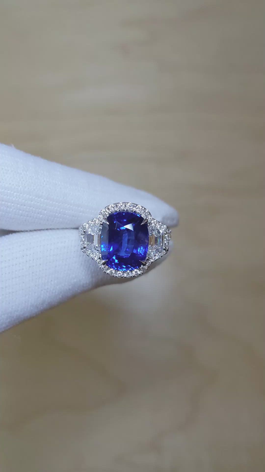 7.05 Ct. Blue Sapphire and Natural Diamond Antique Style Ring, 18K White Gold Size Video