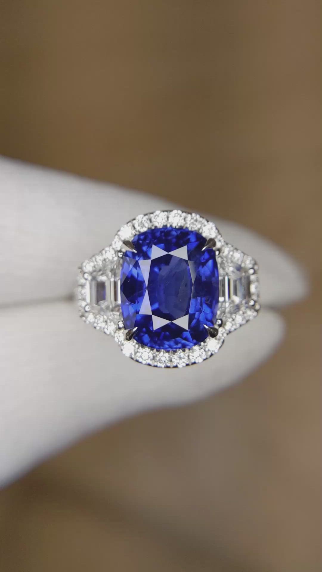 7.05 Ct. Blue Sapphire and Natural Diamond Antique Style Ring, 18K White Gold Size Video