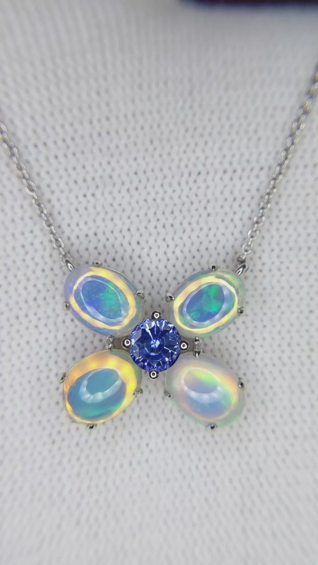 0.51 Ct. Multi Color Opal and Blue Sapphire Multi Stone Necklace, 14K White Gold Size Video
