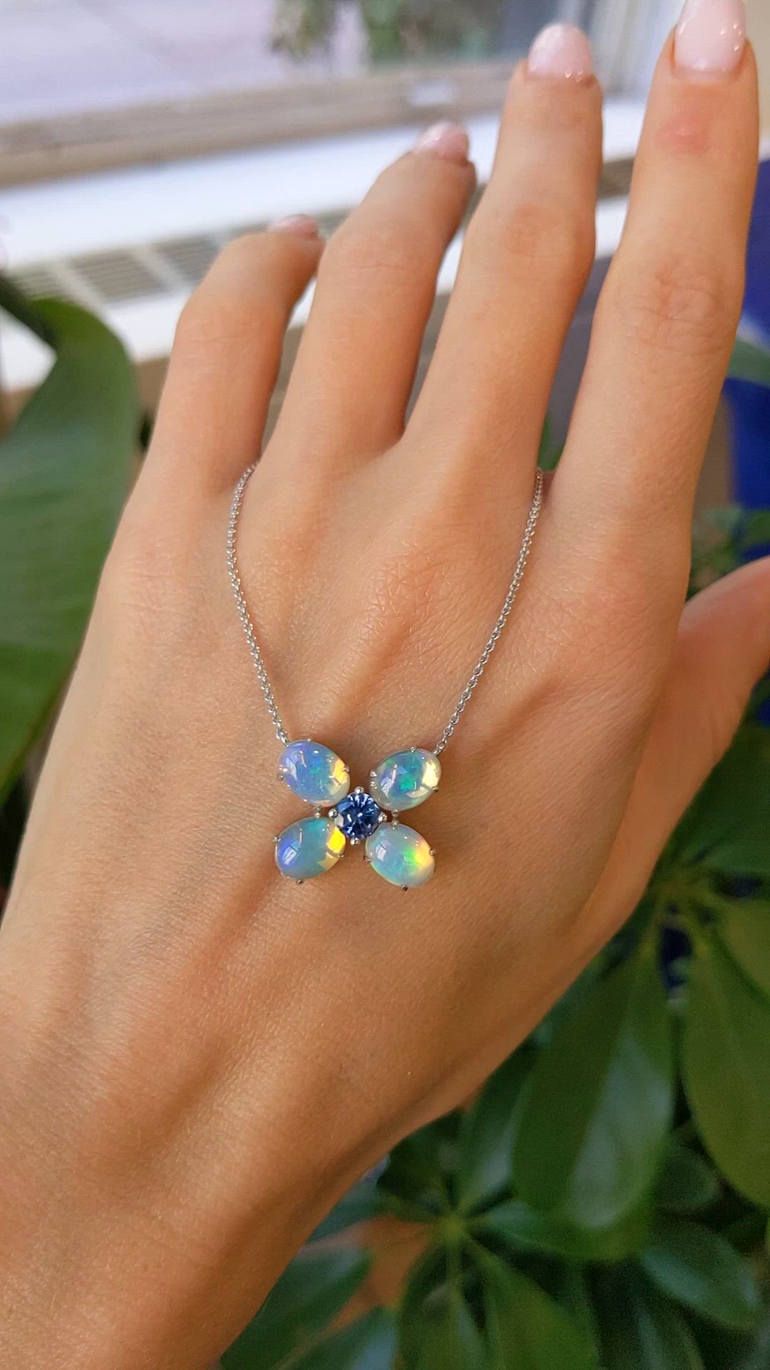 0.51 Ct. Multi Color Opal and Blue Sapphire Multi Stone Necklace, 14K White Gold Size Video