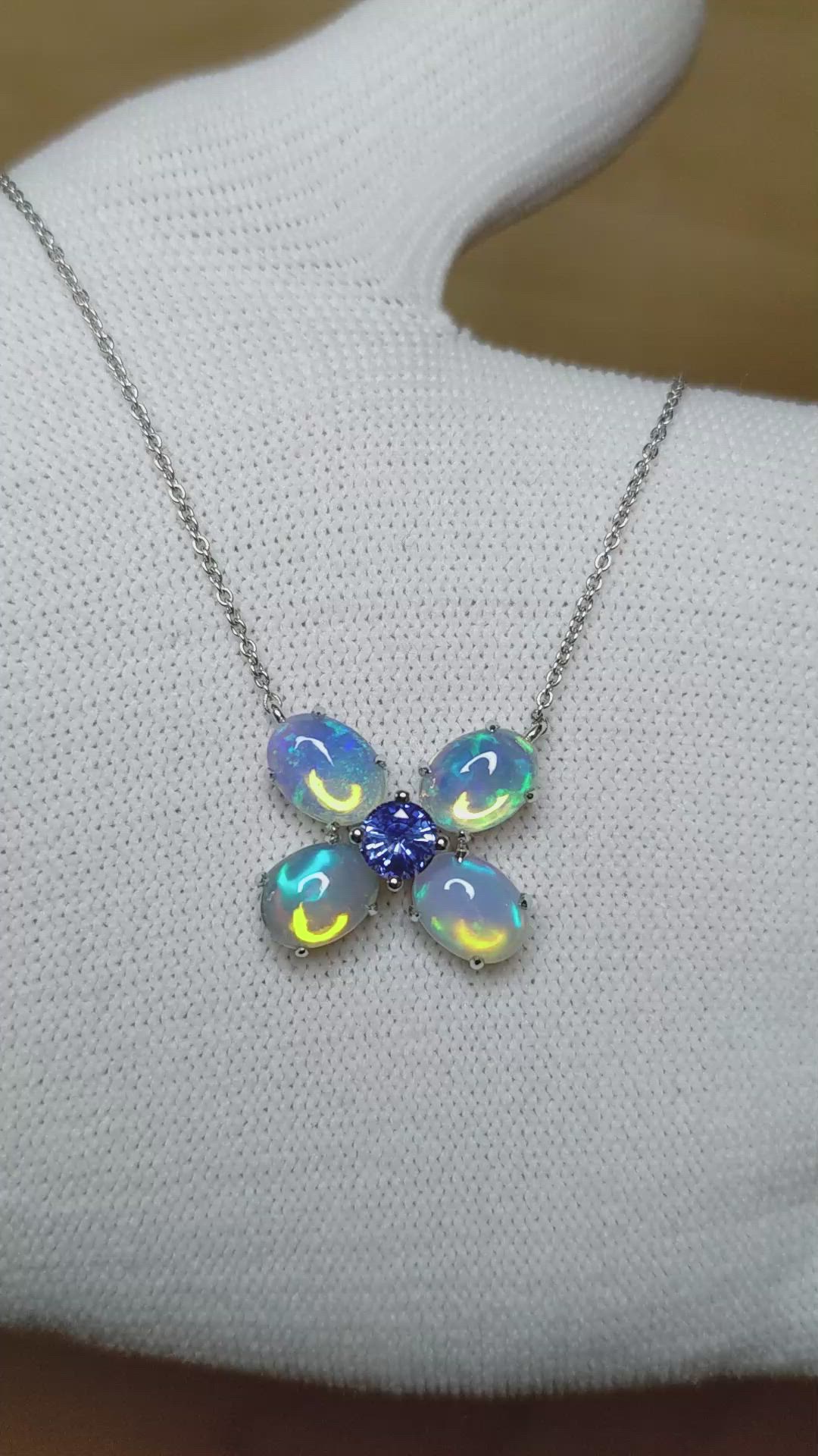 0.51 Ct. Multi Color Opal and Blue Sapphire Multi Stone Necklace, 14K White Gold Size Video