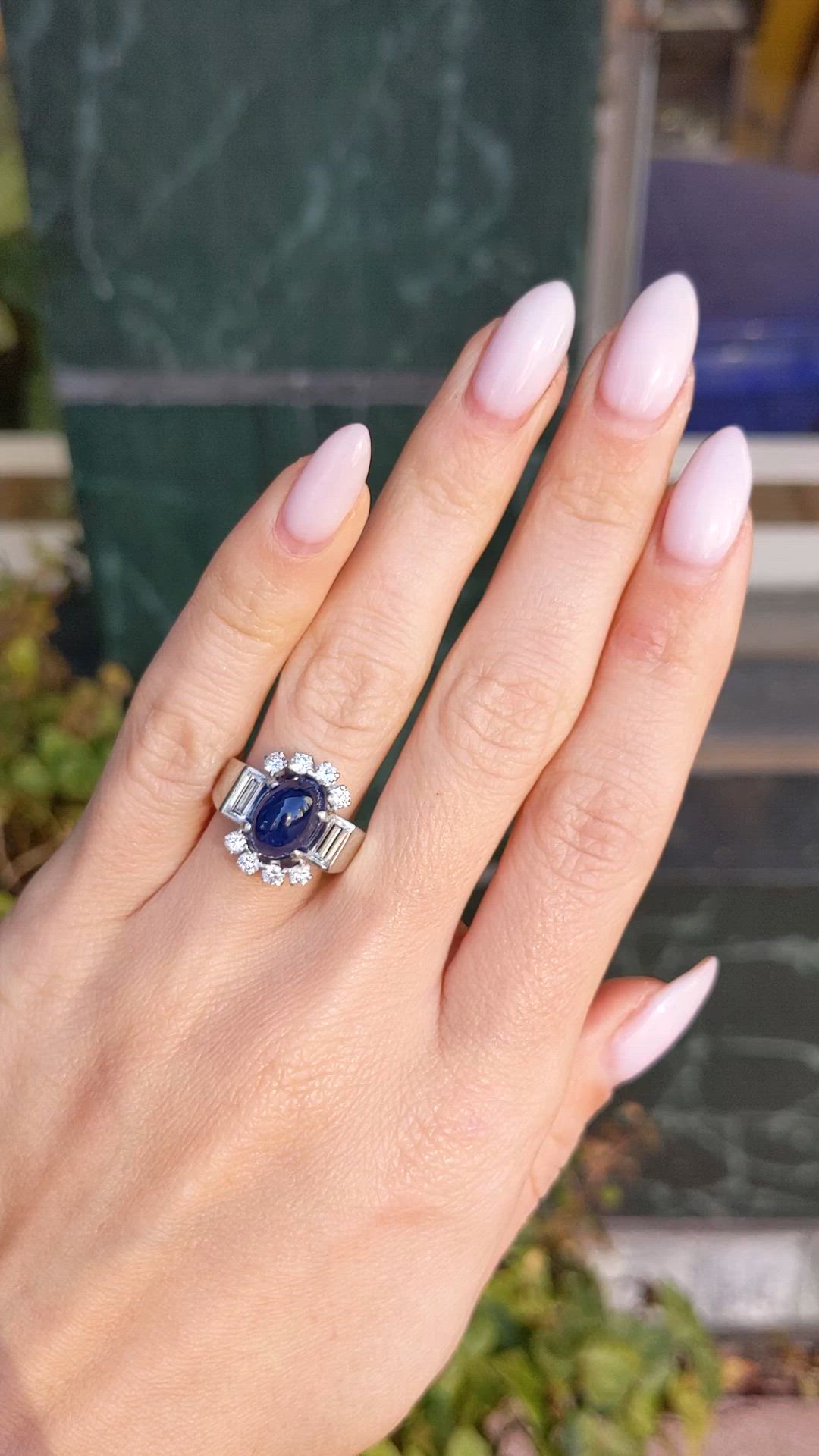 5.35 Ct. Blue Sapphire and Natural Diamond Antique Style Ring, 18K White Gold Size Video