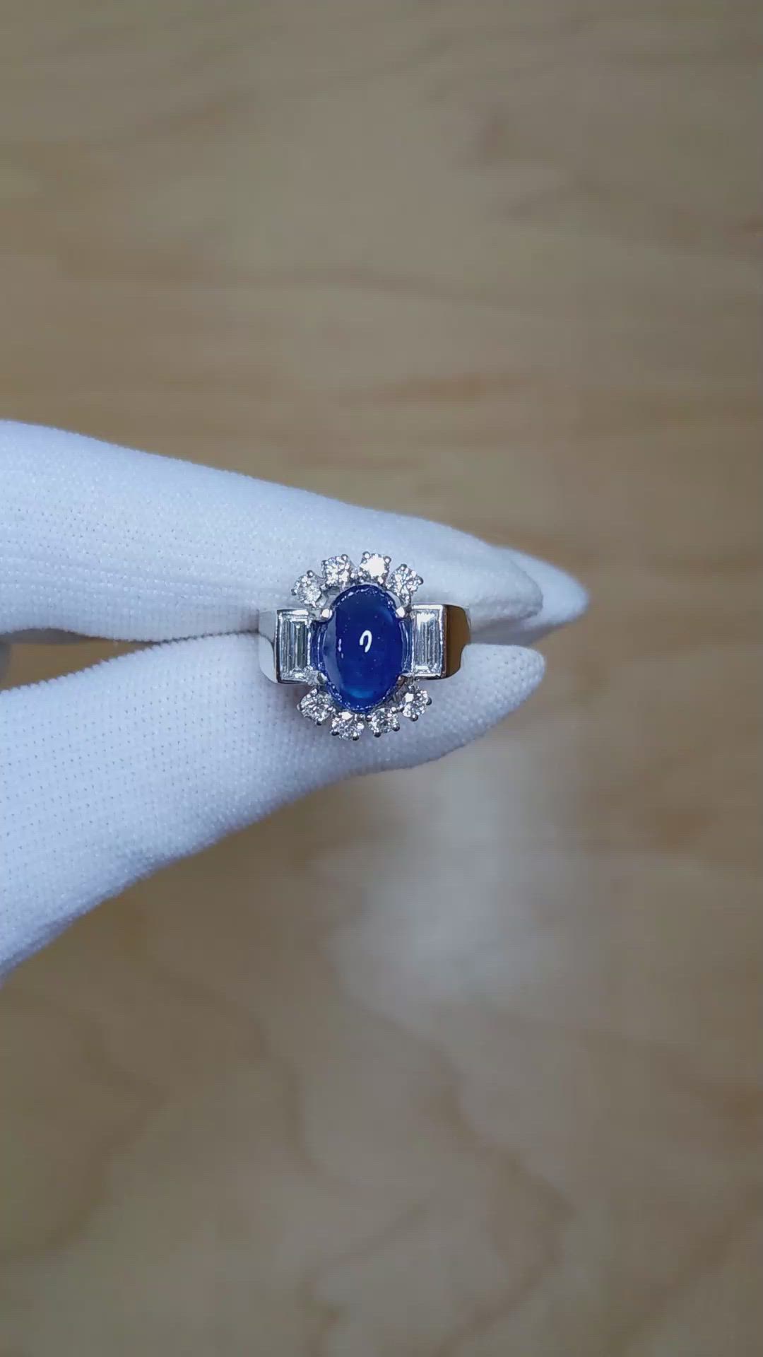 5.35 Ct. Blue Sapphire and Natural Diamond Antique Style Ring, 18K White Gold Size Video