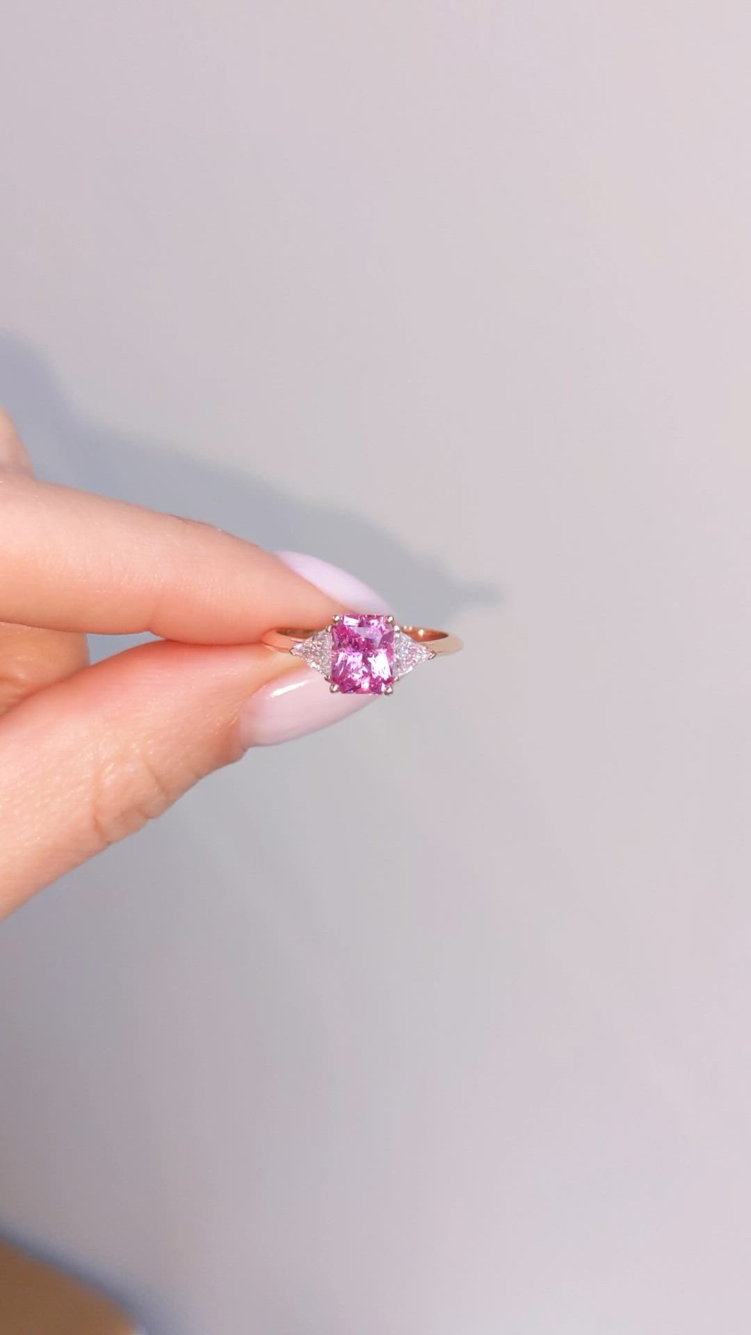 1.32 Ct. Pink Sapphire and Natural Diamond Three Stone Ring, 14K Rose Gold Size Video