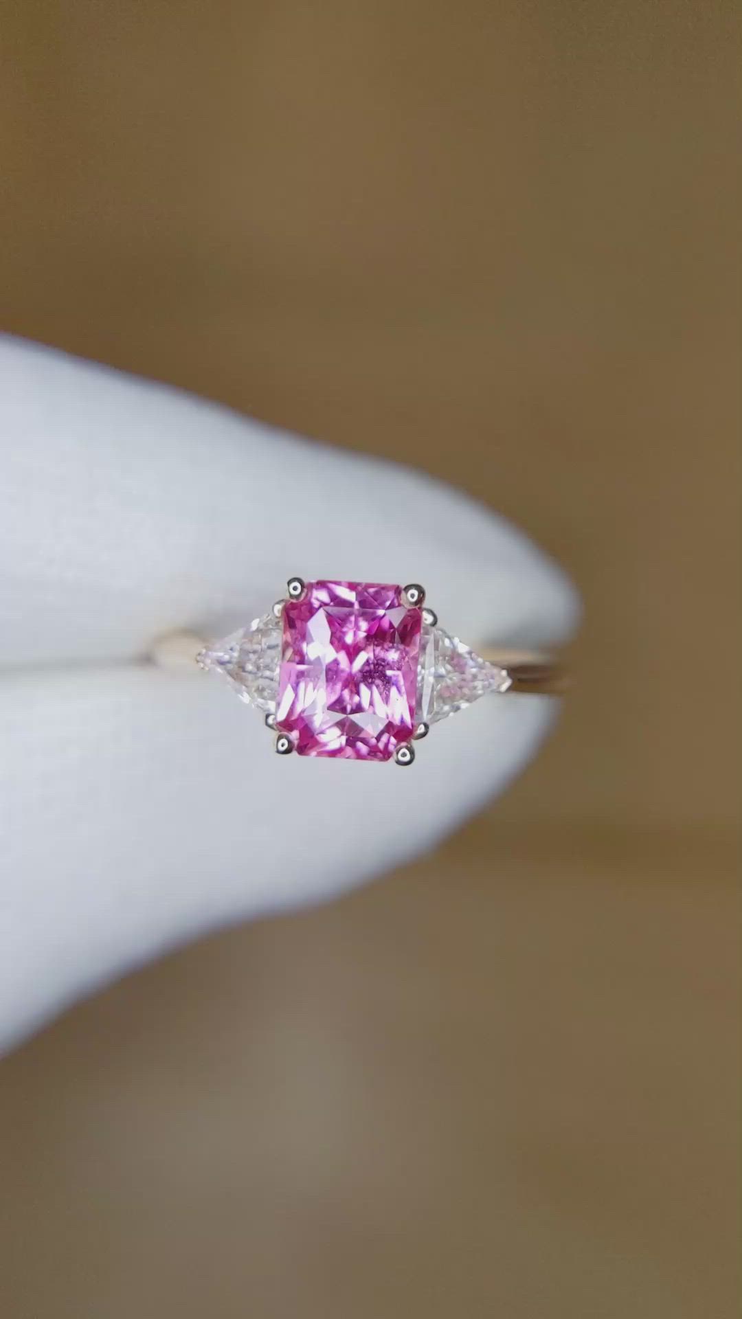 1.32 Ct. Pink Sapphire and Natural Diamond Three Stone Ring, 14K Rose Gold Size Video