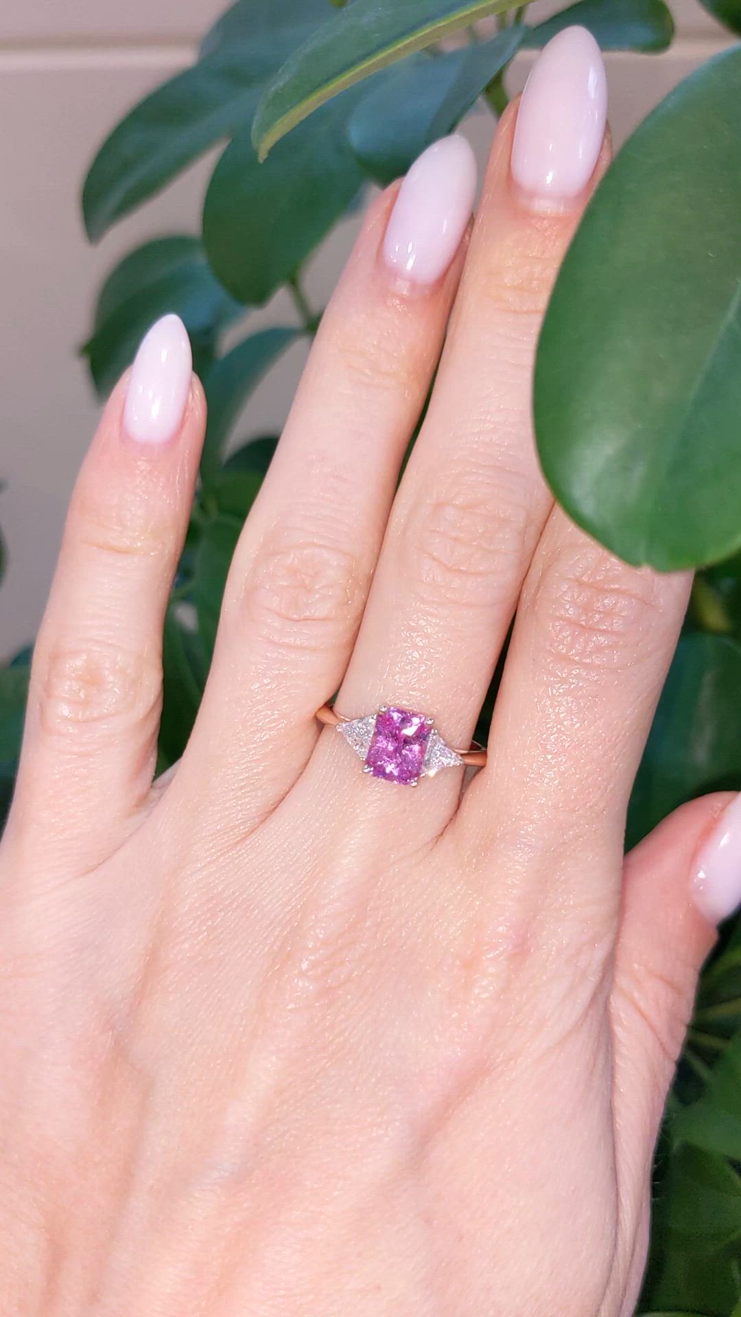 1.32 Ct. Pink Sapphire and Natural Diamond Three Stone Ring, 14K Rose Gold Size Video