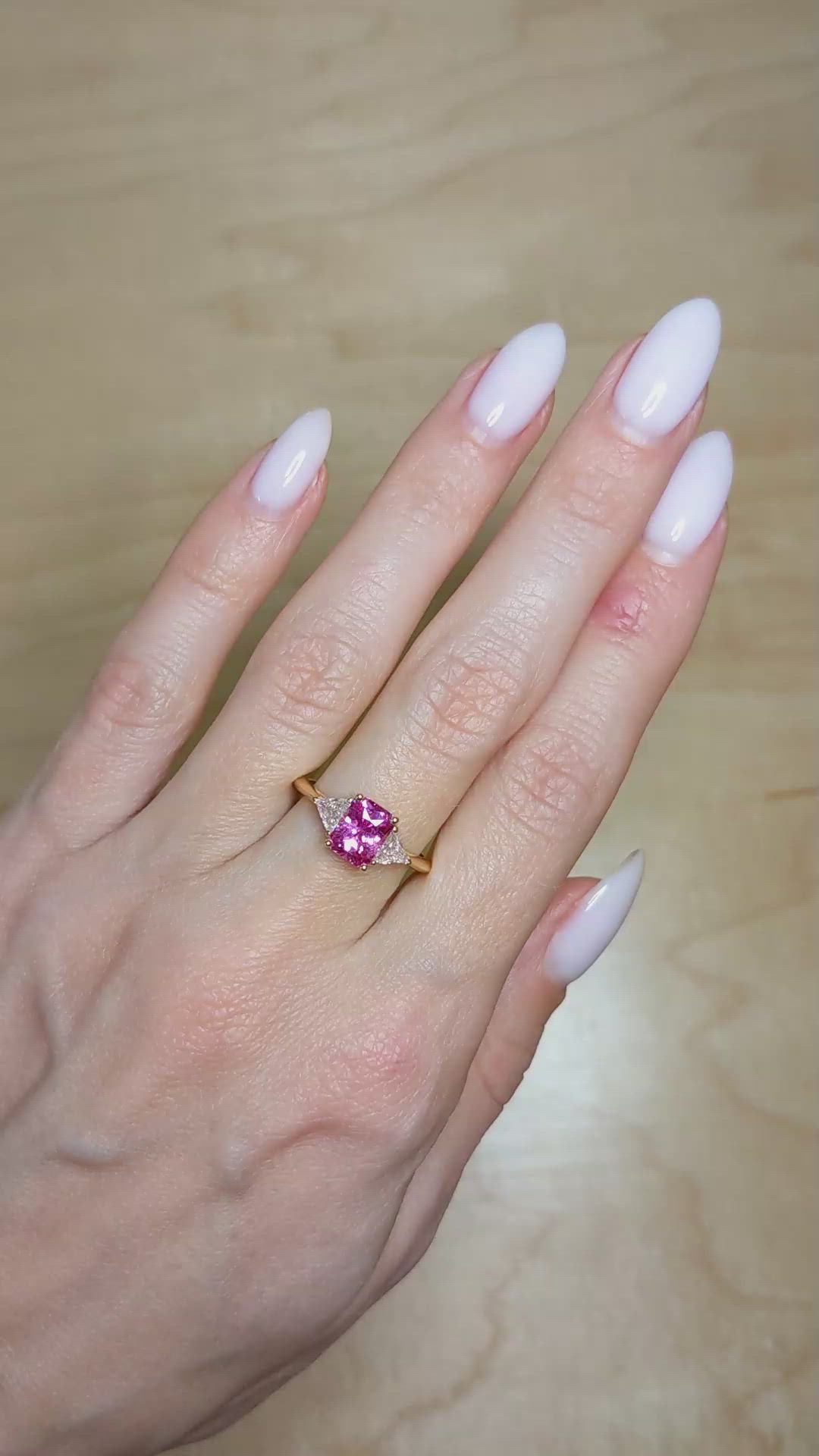 1.32 Ct. Pink Sapphire and Natural Diamond Three Stone Ring, 14K Rose Gold Size Video