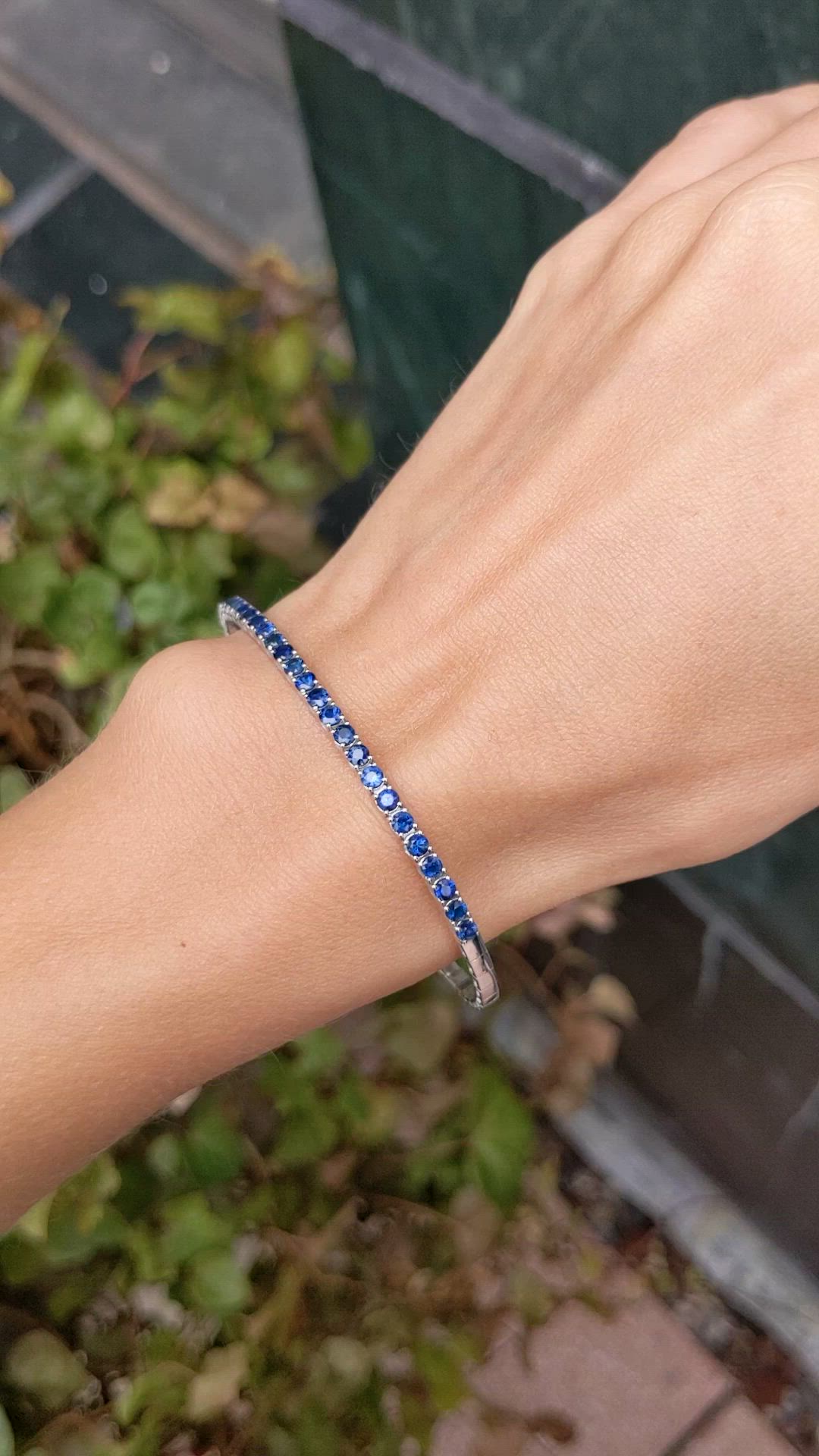 2.54 Ct.Tw. Blue Sapphire Bangle Bracelet, 14K White Gold Size Video