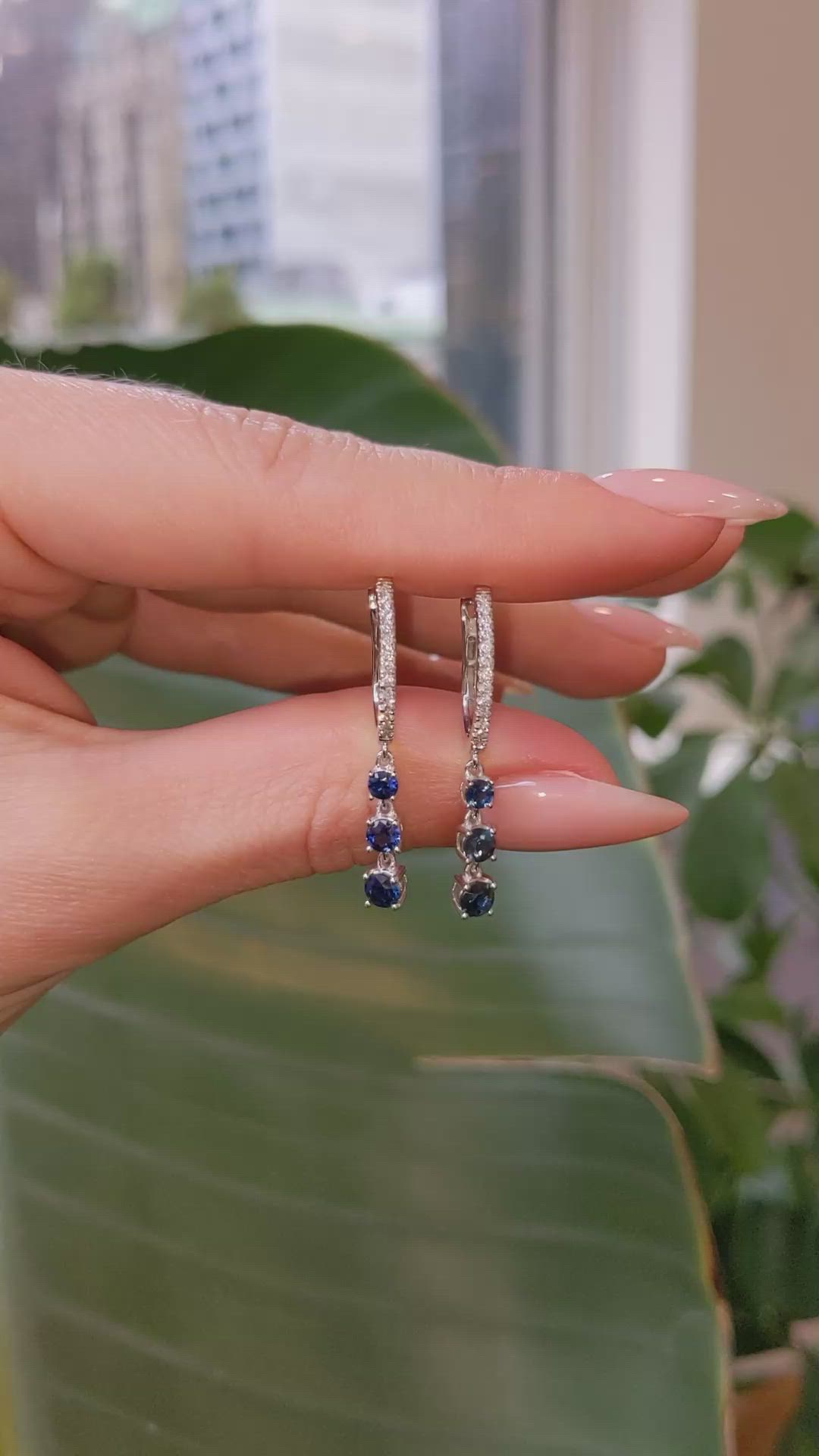 1.04 Ct.Tw. Blue Sapphire and Natural Diamond Pave Earrings, 14K White Gold Size Video