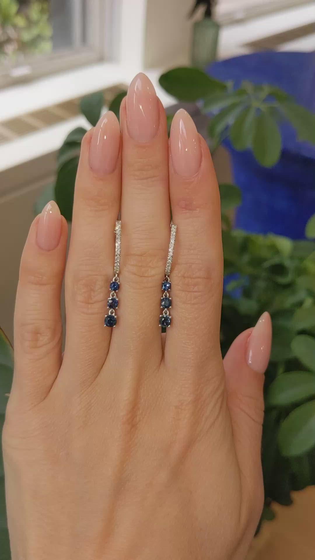1.04 Ct.Tw. Blue Sapphire and Natural Diamond Pave Earrings, 14K White Gold Size Video