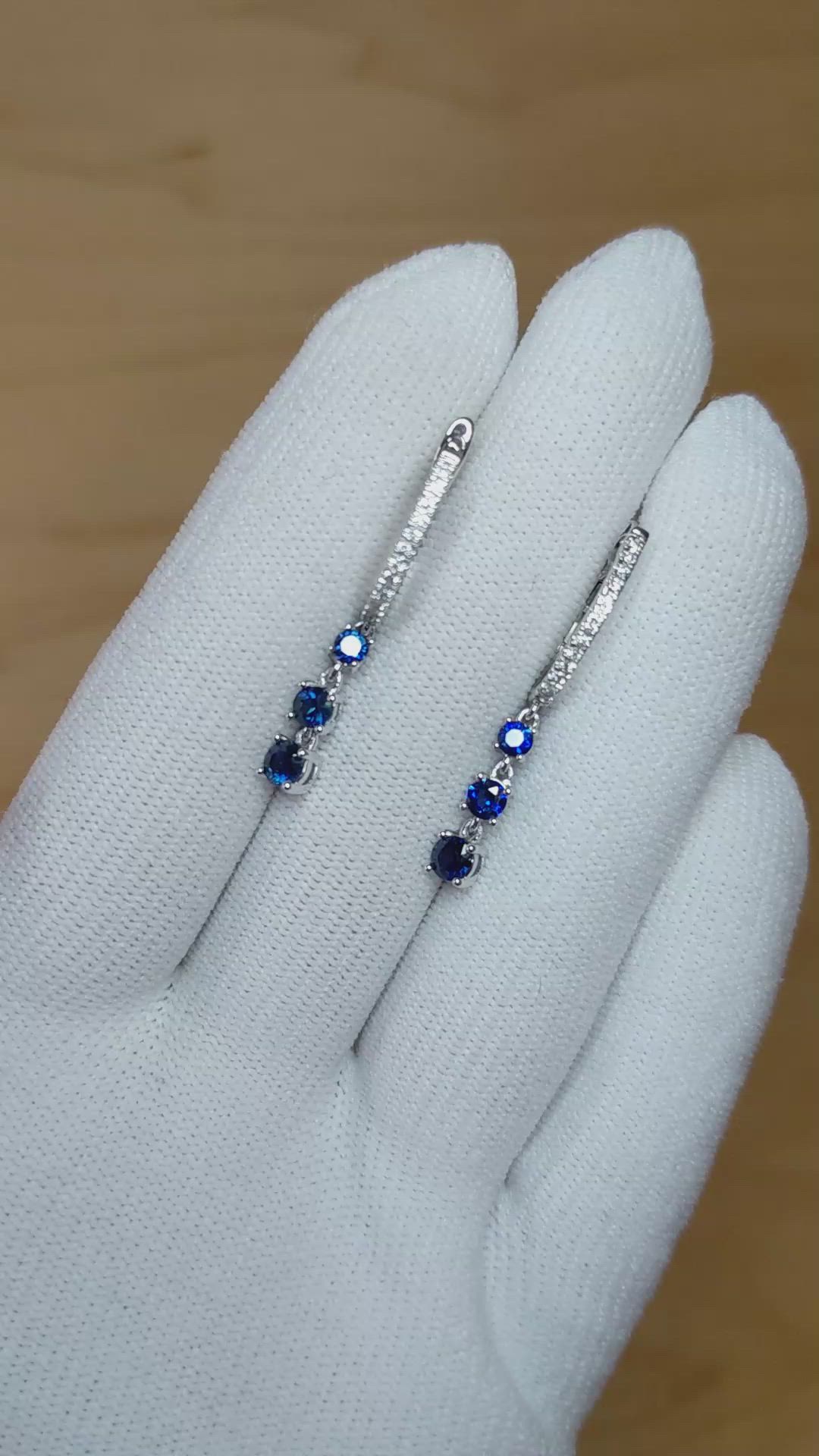 1.04 Ct.Tw. Blue Sapphire and Natural Diamond Pave Earrings, 14K White Gold Size Video
