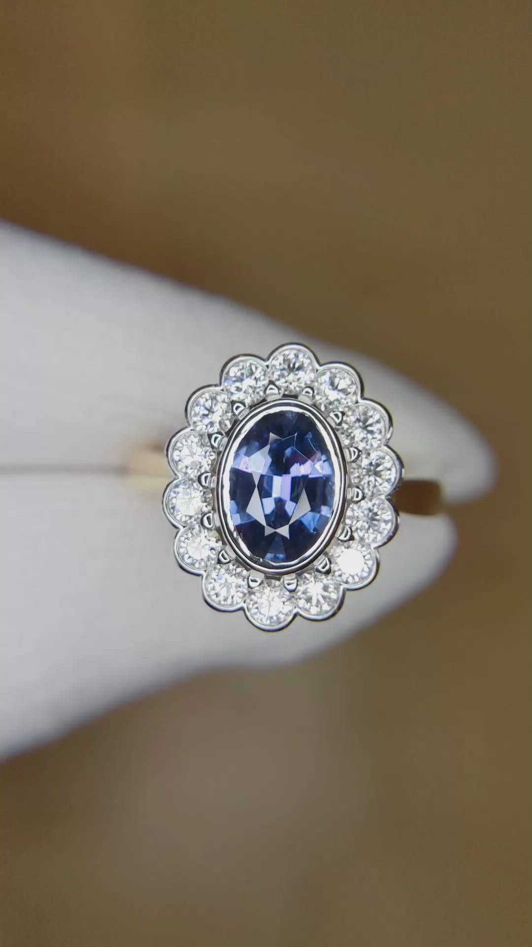 1.61 Ct. Sapphire Natural Diamond Halo Ring, 14K White & Yellow Size Video