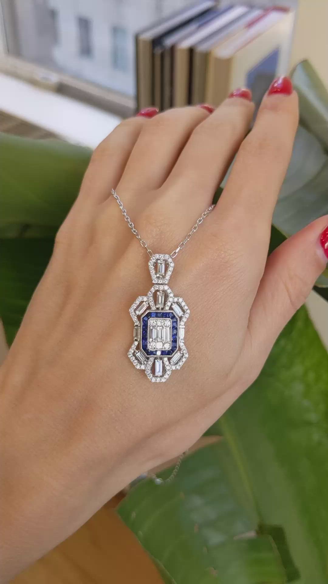0.87 Ct. Blue Sapphire and Natural Diamond Antique Style Pendant, 18K White Gold Size Video