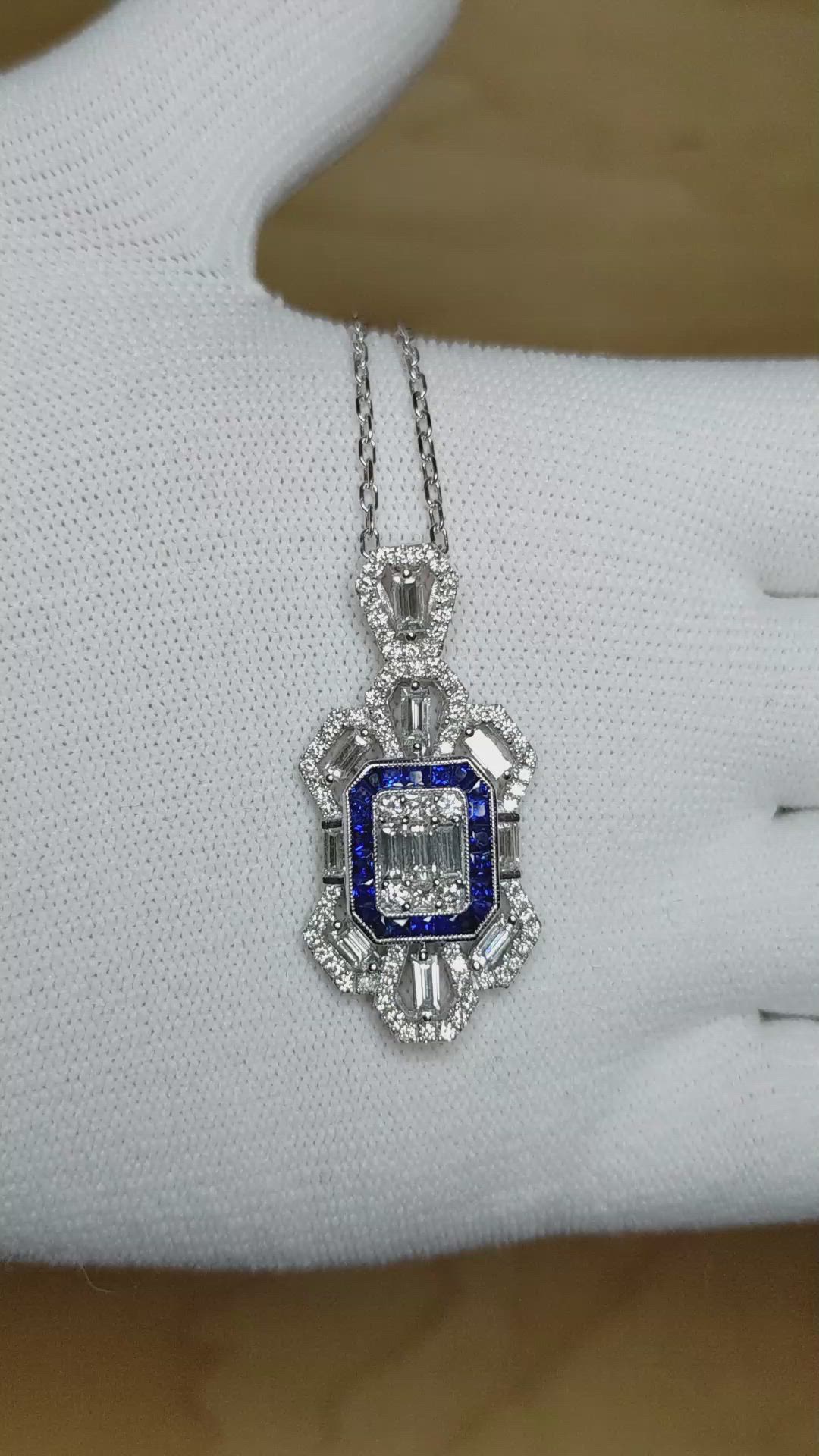 0.87 Ct. Blue Sapphire and Natural Diamond Antique Style Pendant, 18K White Gold Size Video