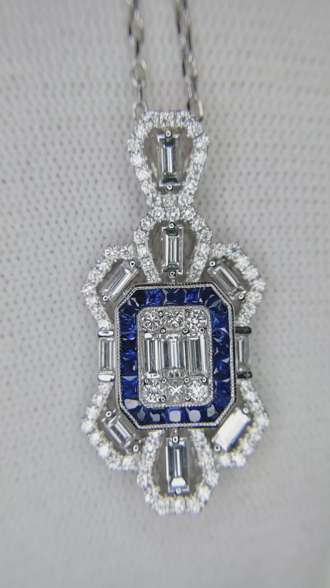 0.87 Ct. Blue Sapphire and Natural Diamond Antique Style Pendant, 18K White Gold Size Video