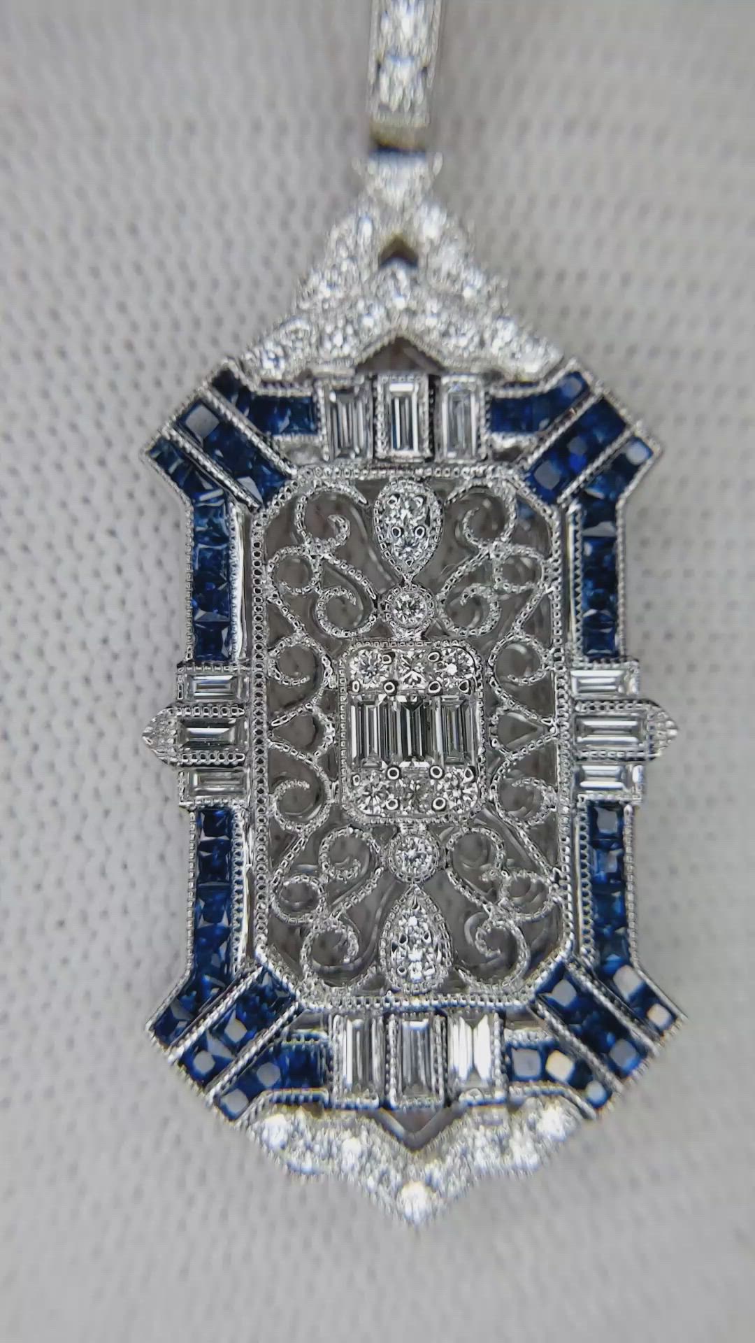 1.24 Ct. Blue Sapphire and Natural Diamond Antique Style Pendant, 18K White Gold Size Video