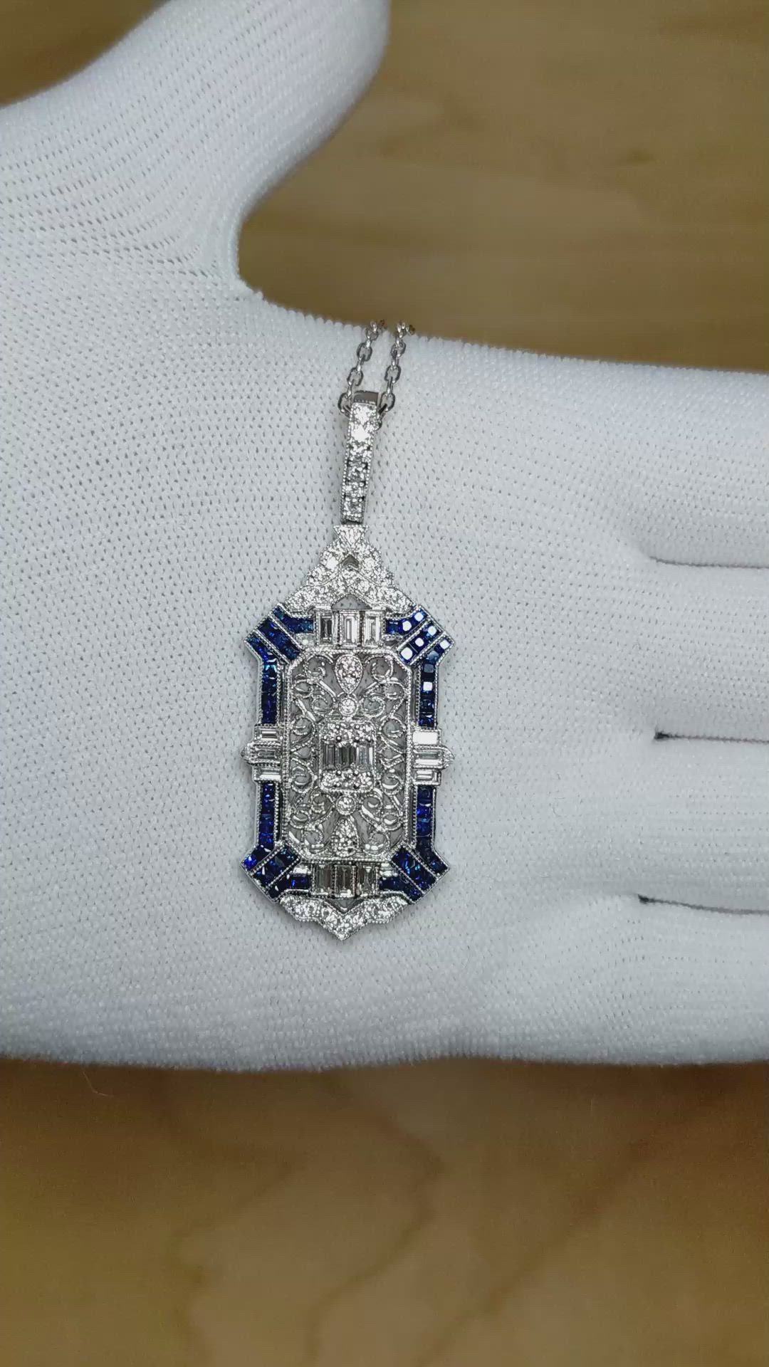 1.24 Ct. Blue Sapphire and Natural Diamond Antique Style Pendant, 18K White Gold Size Video
