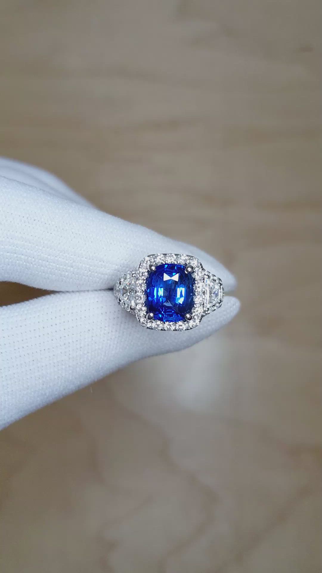 3.67 Ct. Blue Sapphire and Natural Diamond Antique Style Ring, 18K White Gold Size Video